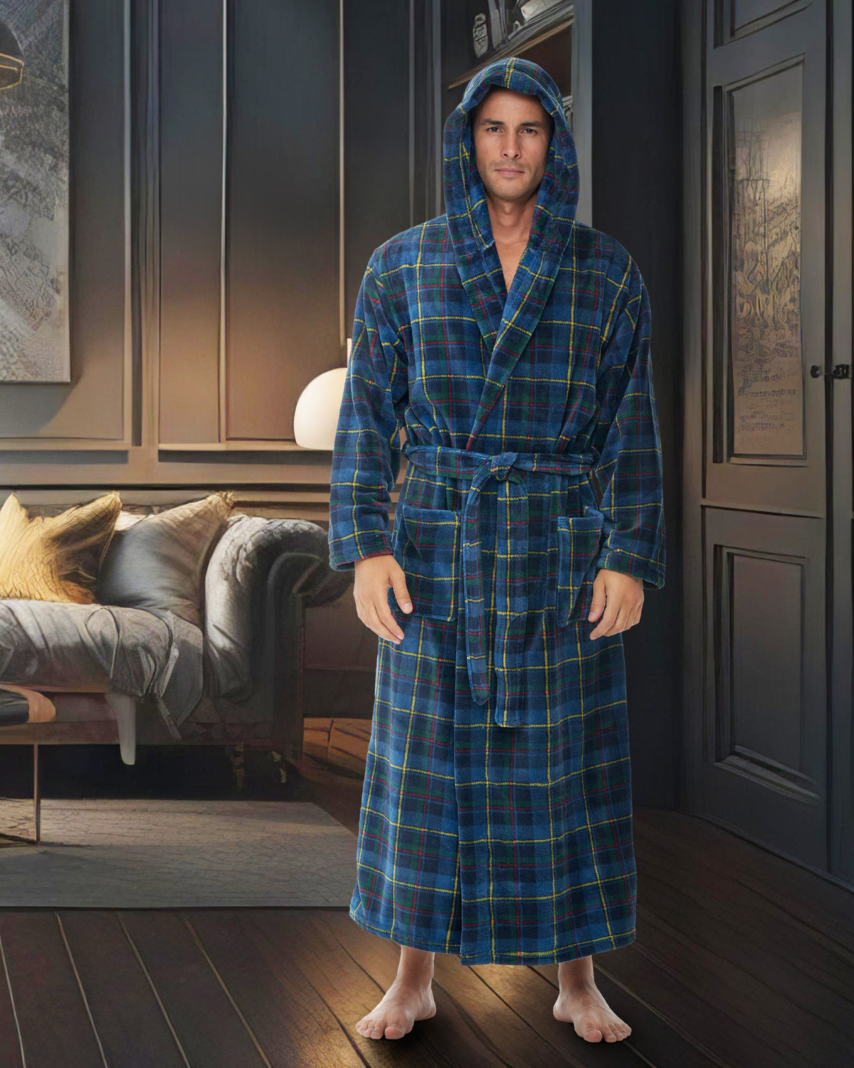 Men's Highland Tartan Plaid Plush Fleece Hooded Bathrobe, Full Length Long Warm Lounge Robe with Hood