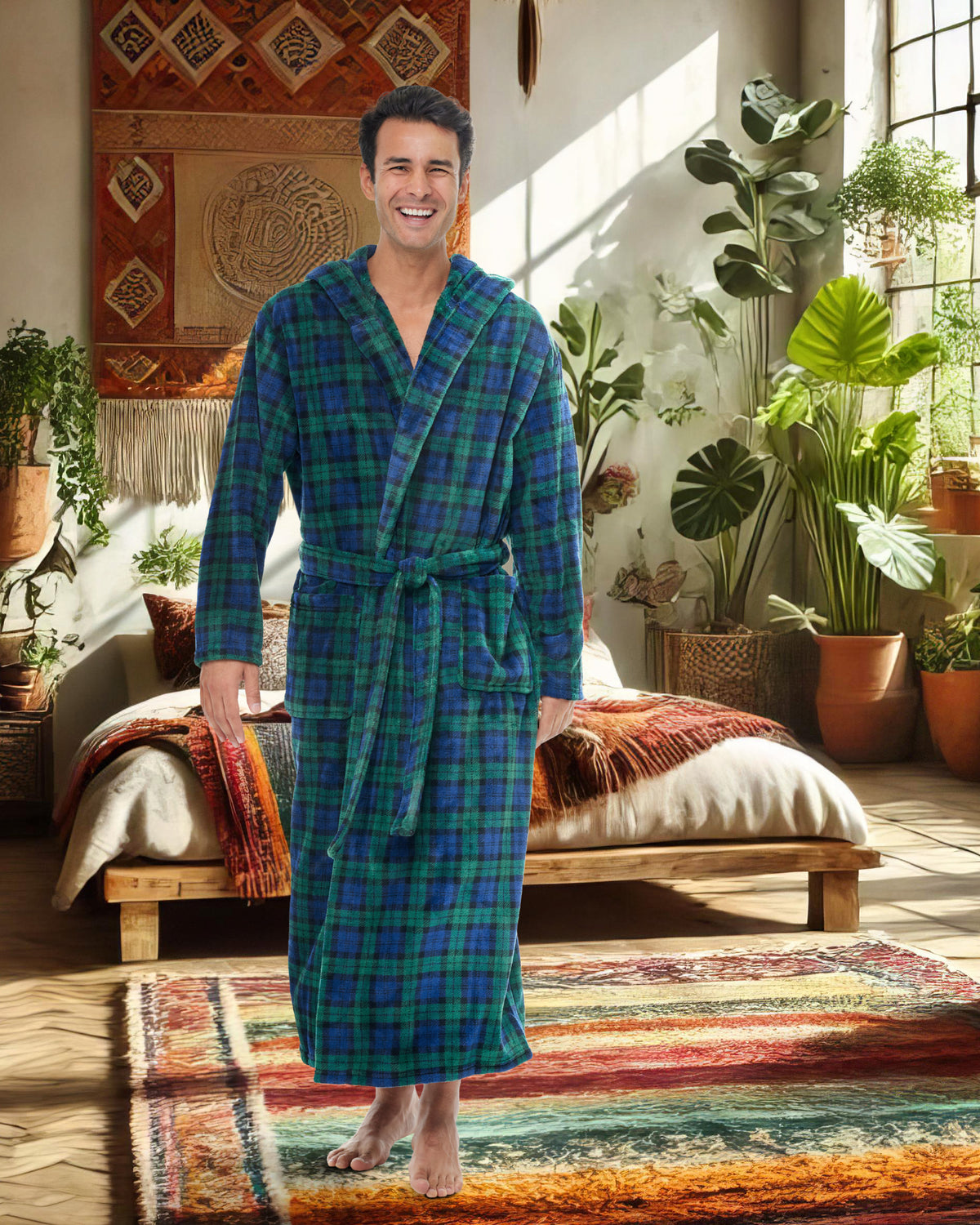 Men's Black Watch Tartan Plaid Plush Fleece Hooded Bathrobe, Full Length Long Warm Lounge Robe with Hood