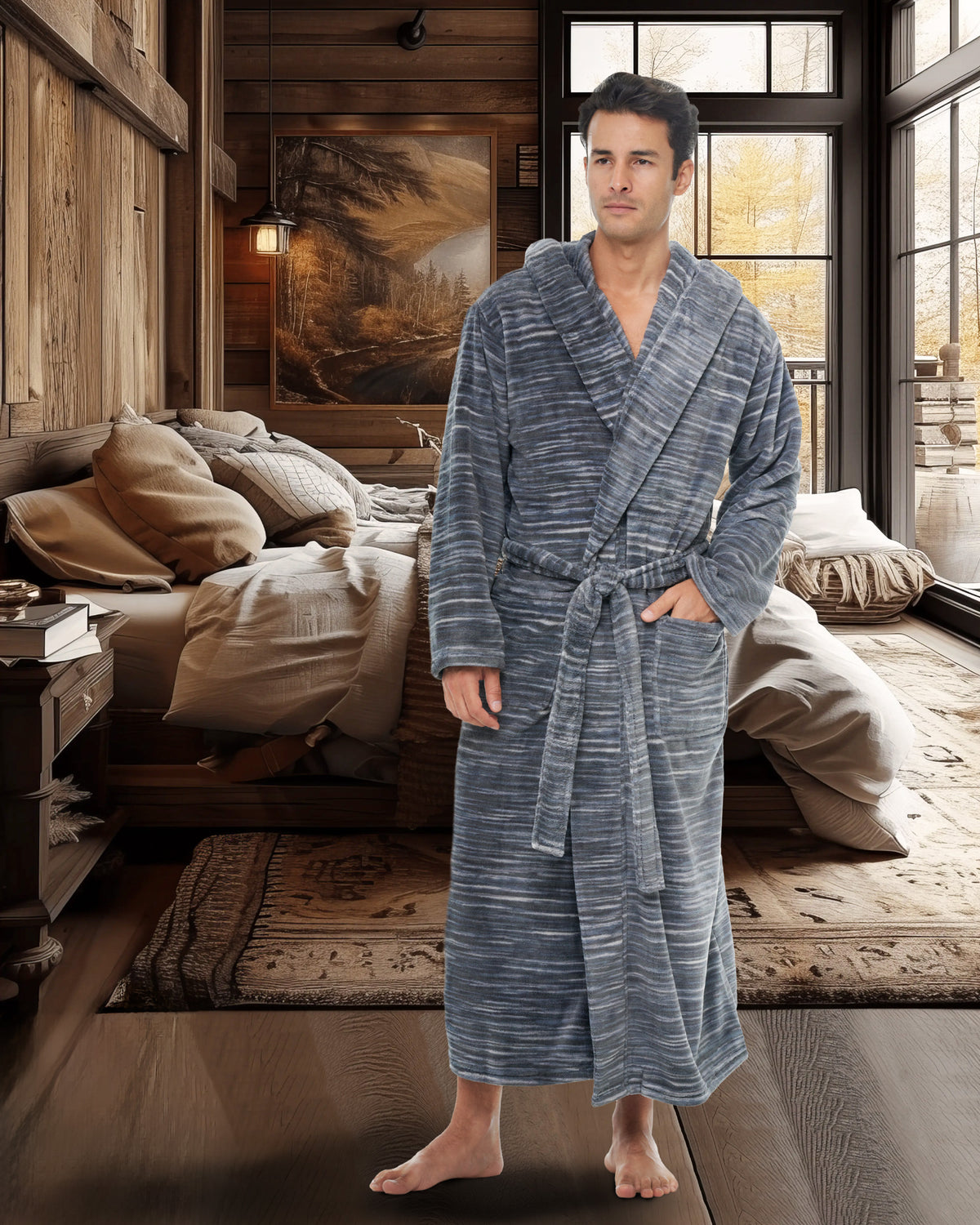 Men's Dark Heathered Gray Plush Fleece Hooded Bathrobe, Full Length Long Warm Lounge Robe with Hood