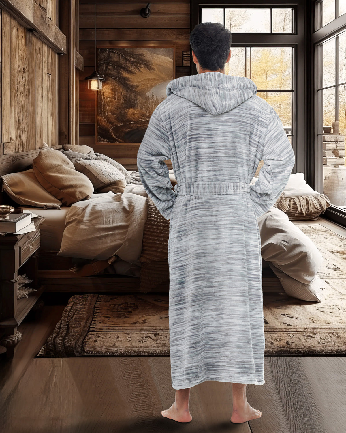 Men's Light Heathered Gray Plush Fleece Hooded Bathrobe, Full Length Long Warm Lounge Robe with Hood
