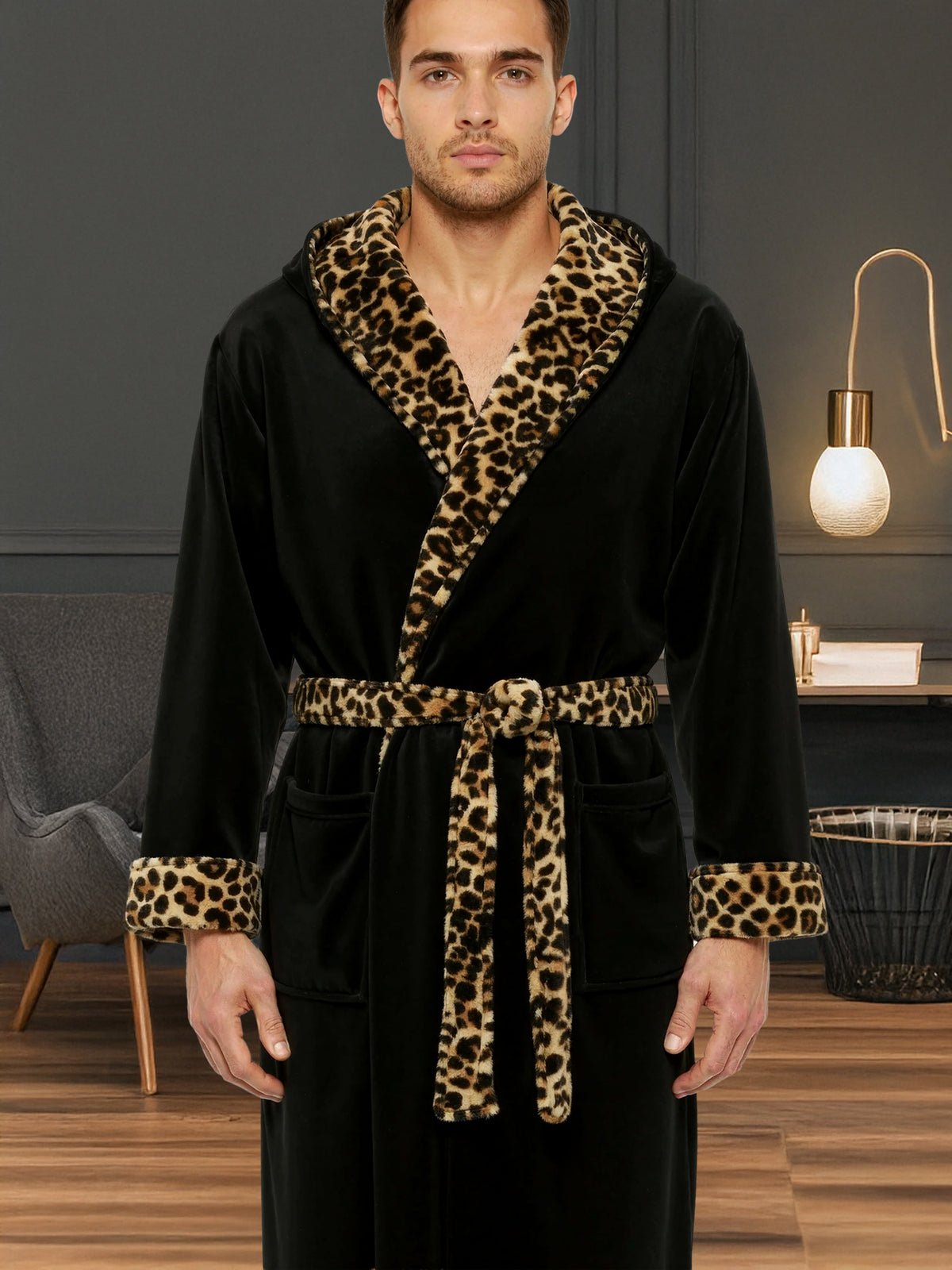 Men's Black with Leopard Print Plush Fleece Hooded Bathrobe, Full Length Long Warm Lounge Robe with Hood