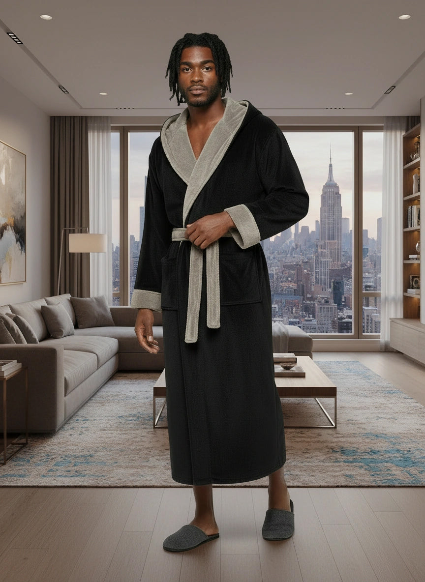 Men's Black and Tan Plush Fleece Hooded Bathrobe, Full Length Long Warm Lounge Robe with Hood