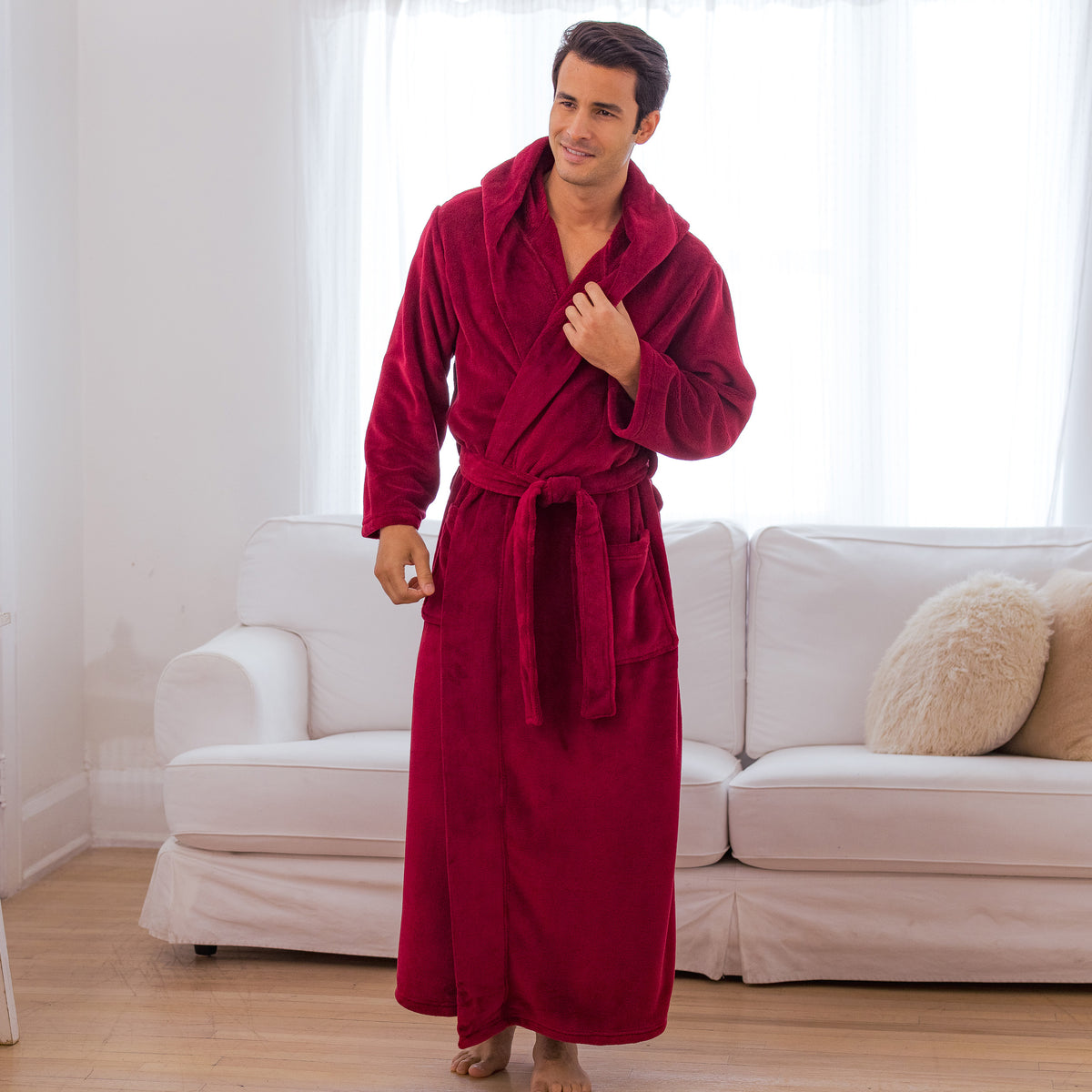 Men's Burgundy Plush Fleece Hooded Bathrobe, Full Length Long Warm Lounge Robe with Hood