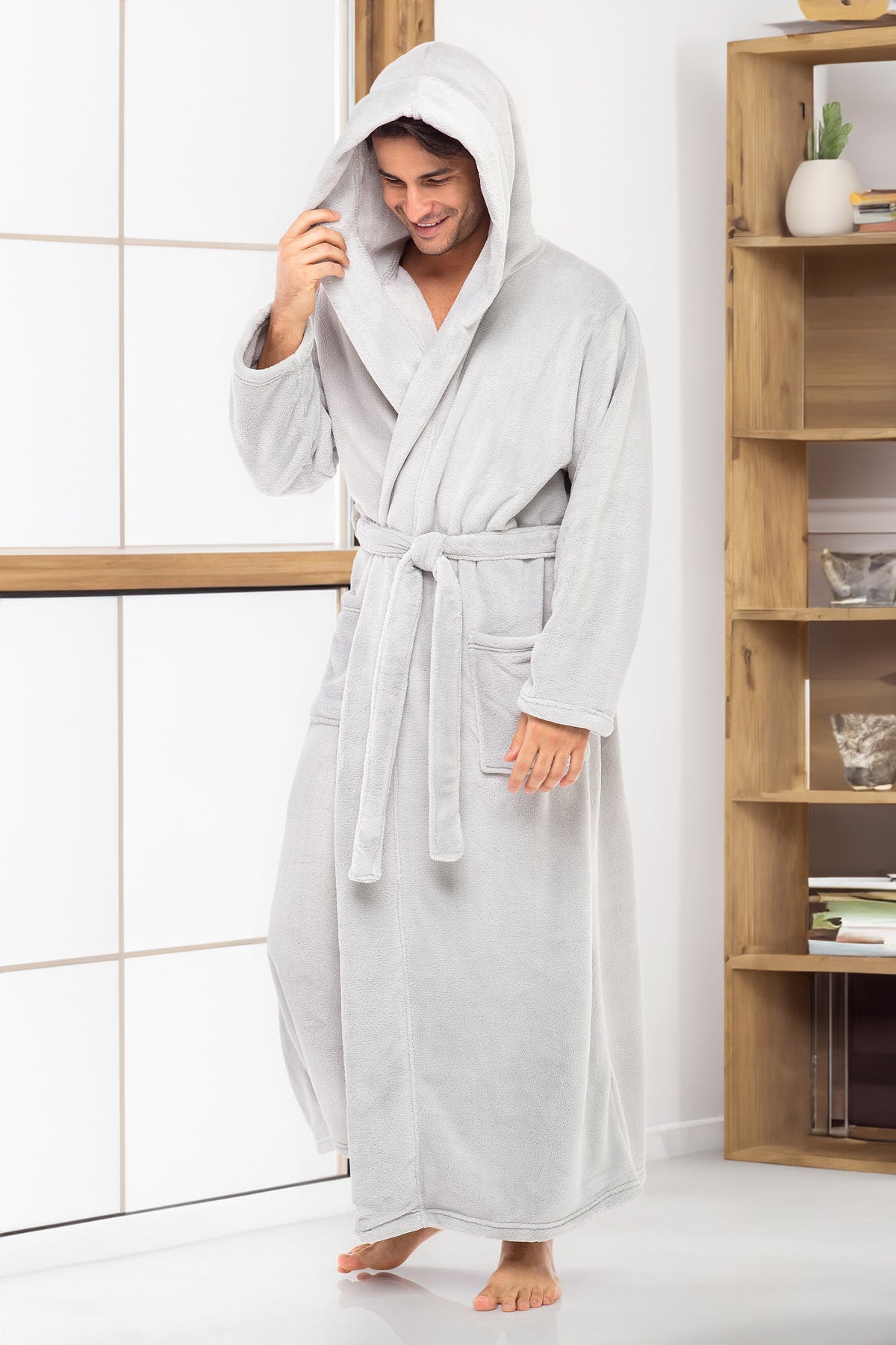 Men's Light Gray Plush Fleece Hooded Bathrobe, Full Length Long Warm Lounge Robe with Hood