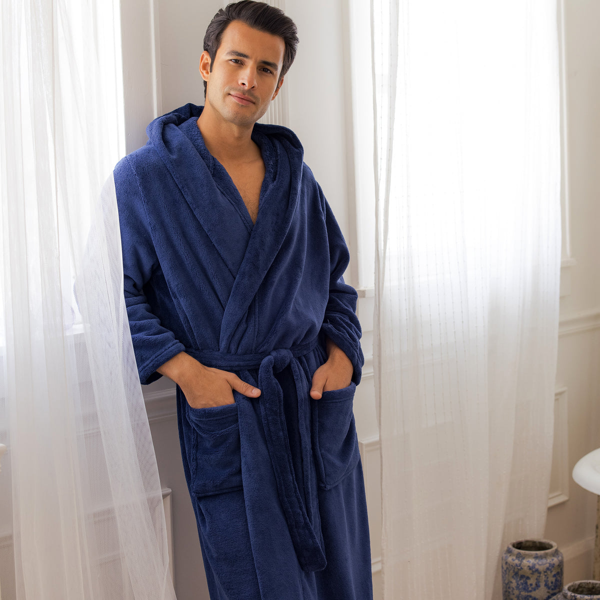 Men's Navy Blue Plush Fleece Hooded Bathrobe, Full Length Long Warm Lounge Robe with Hood