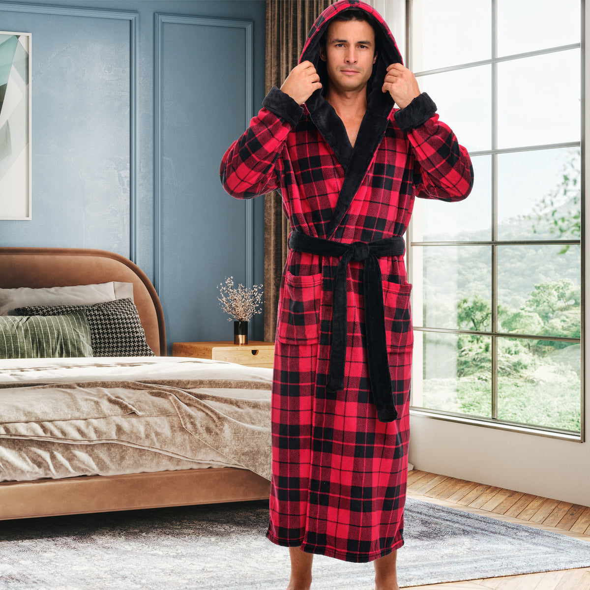 Men's Red Black Plaid Contrast Plush Fleece Hooded Bathrobe, Full Length Long Warm Lounge Robe with Hood