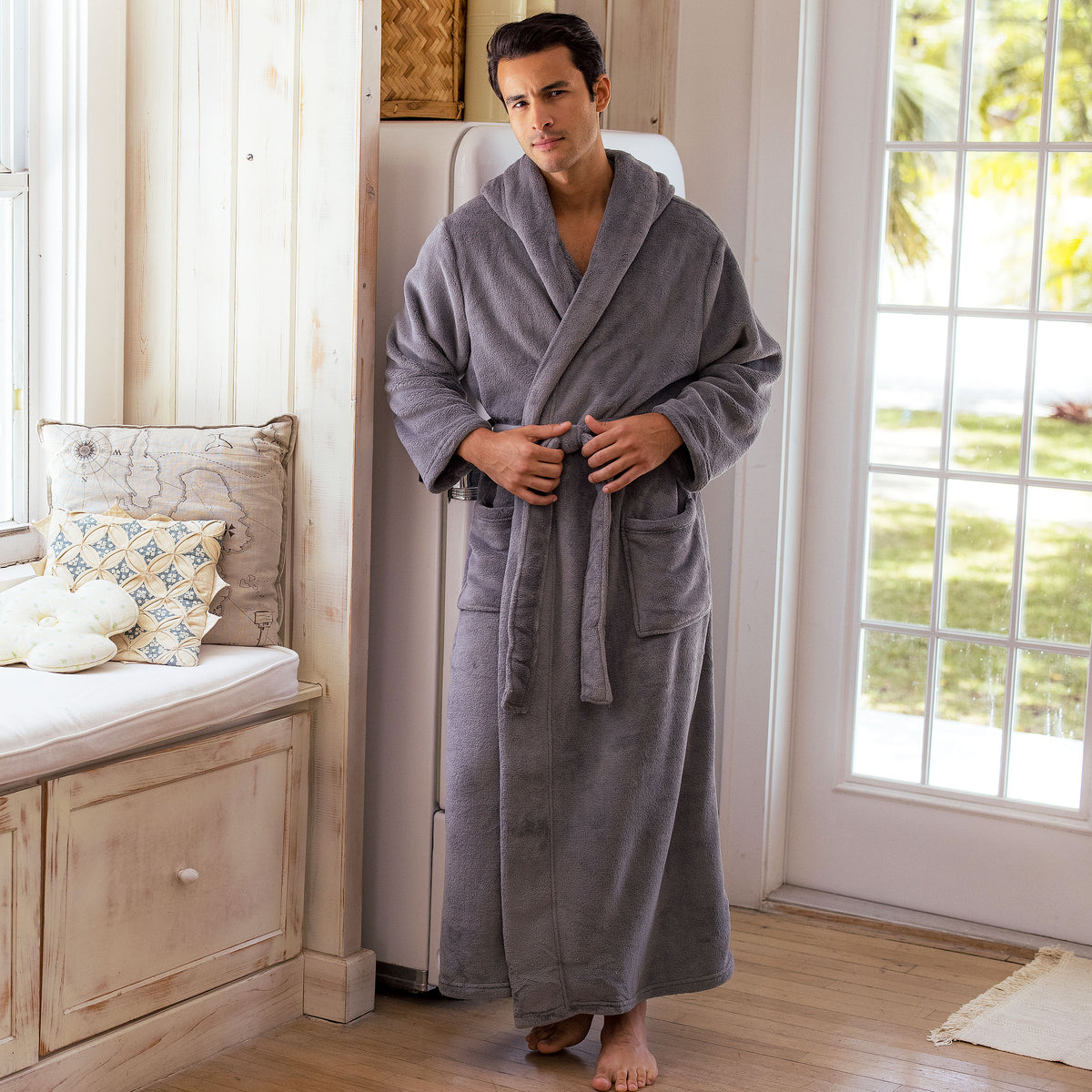 Men's Steel Gray Plush Fleece Hooded Bathrobe, Full Length Long Warm Lounge Robe with Hood
