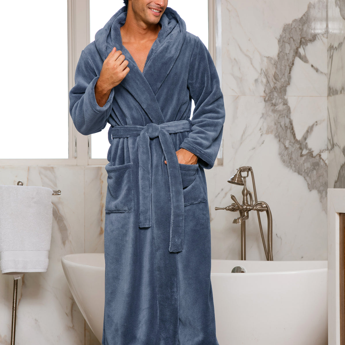 Men's Muted Navy Blue Plush Fleece Hooded Bathrobe, Full Length Long Warm Lounge Robe with Hood