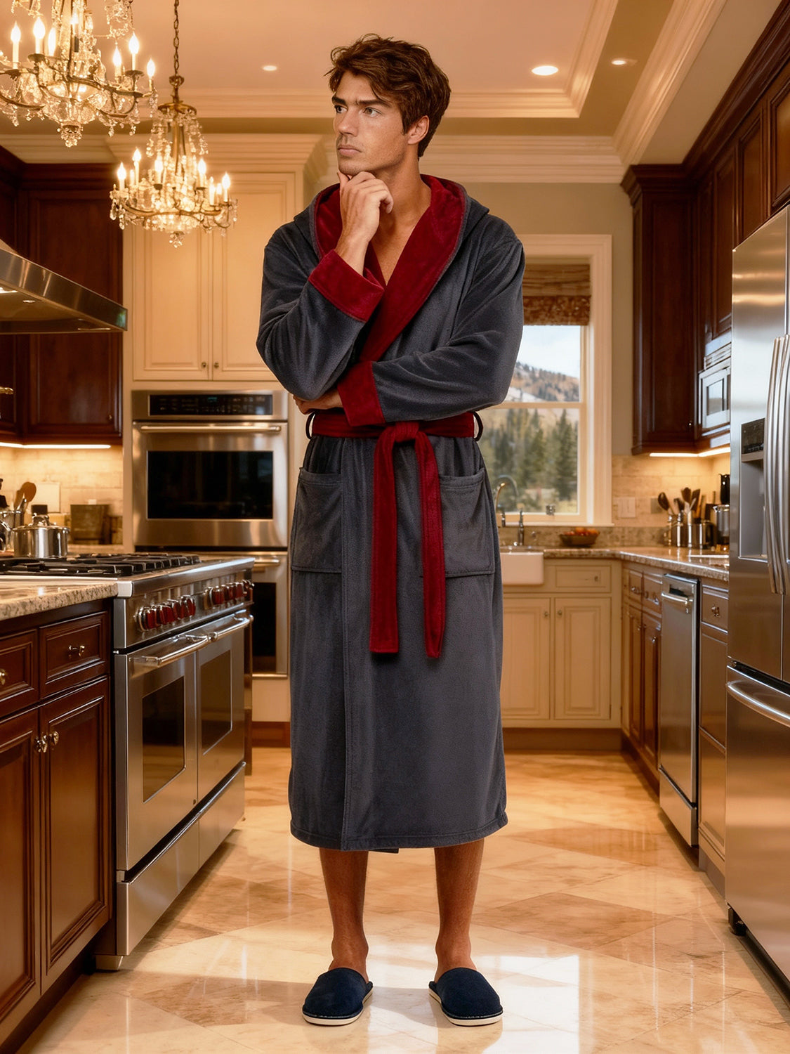 Men's Blue and Burgundy Plush Fleece Hooded Bathrobe, Full Length Long Warm Lounge Robe with Hood