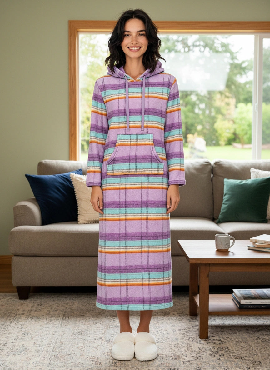 Women's Pastel Plaid Plush Sweatshirt Robe with Pockets, Long Hooded Fleece Duster Kaftan