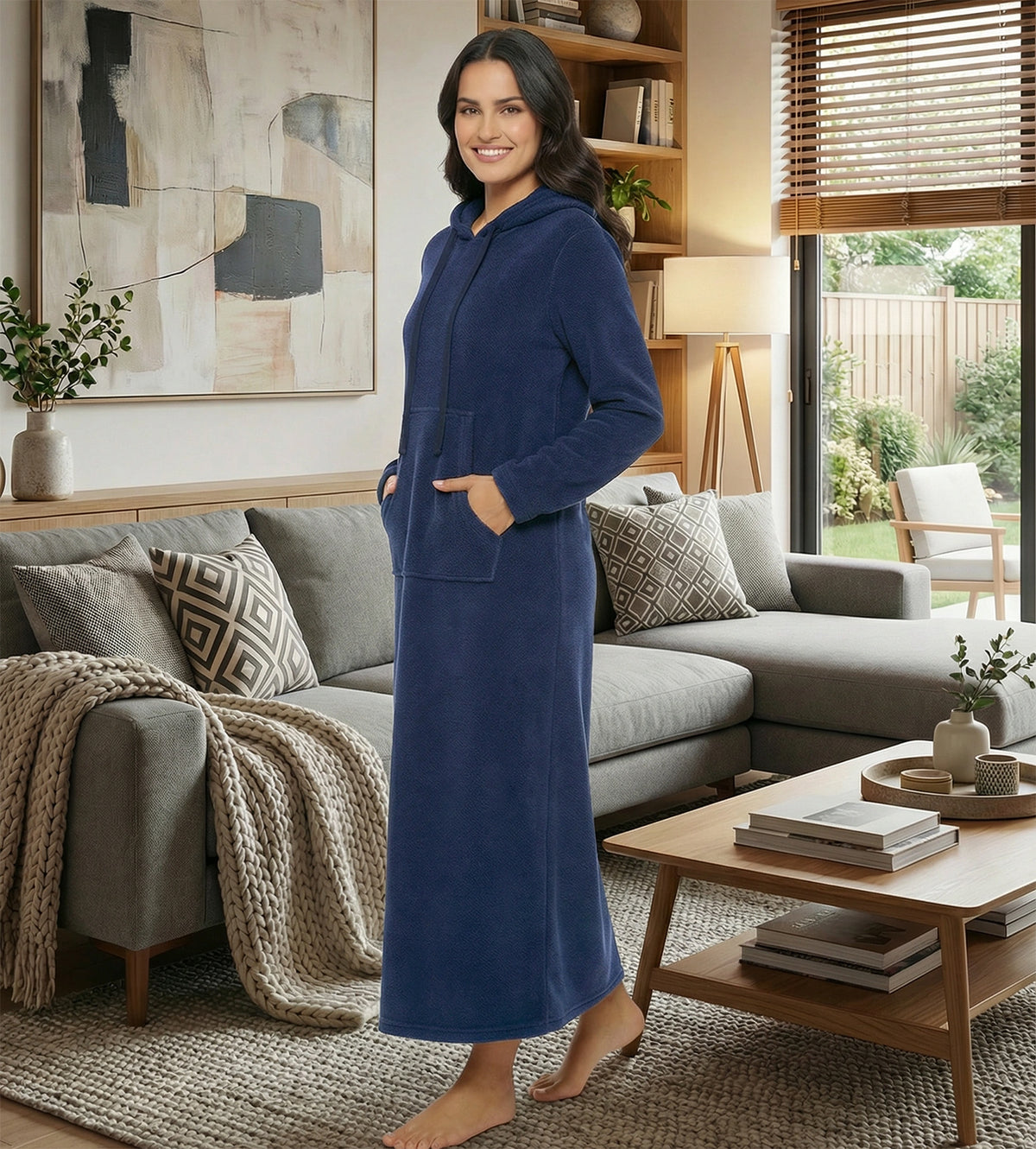 Women's Navy Blue Plush Sweatshirt Robe with Pockets, Long Hooded Fleece Duster Kaftan