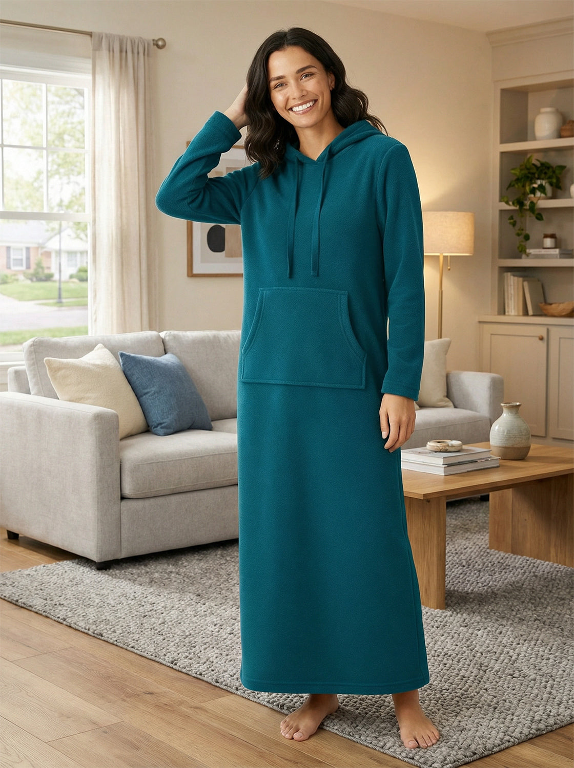 Women's Turquoise Plush Sweatshirt Robe with Pockets, Long Hooded Fleece Duster Kaftan