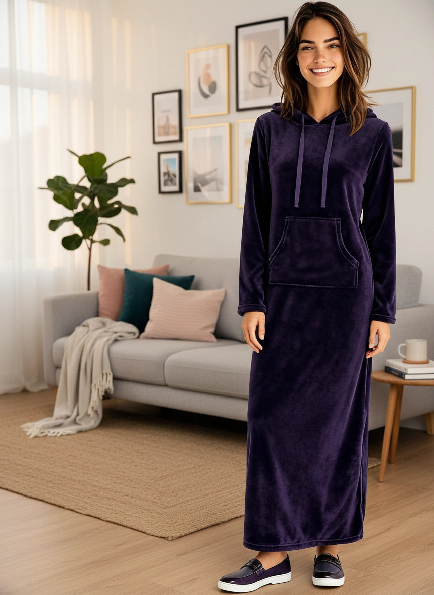 Women's Purple Plush Sweatshirt Robe with Pockets, Long Hooded Fleece Duster Kaftan