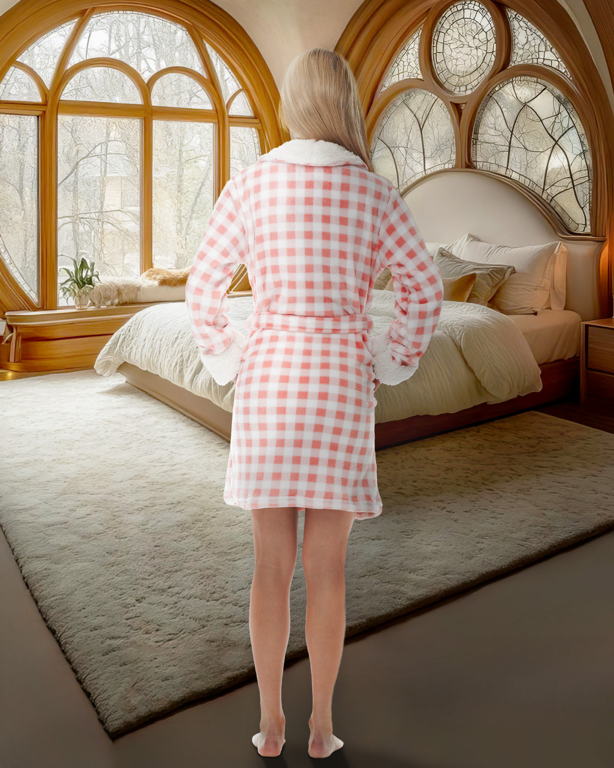 Women's Blush Gingham Check Classic Plush Robe, Short Fleece Bathrobe Solids