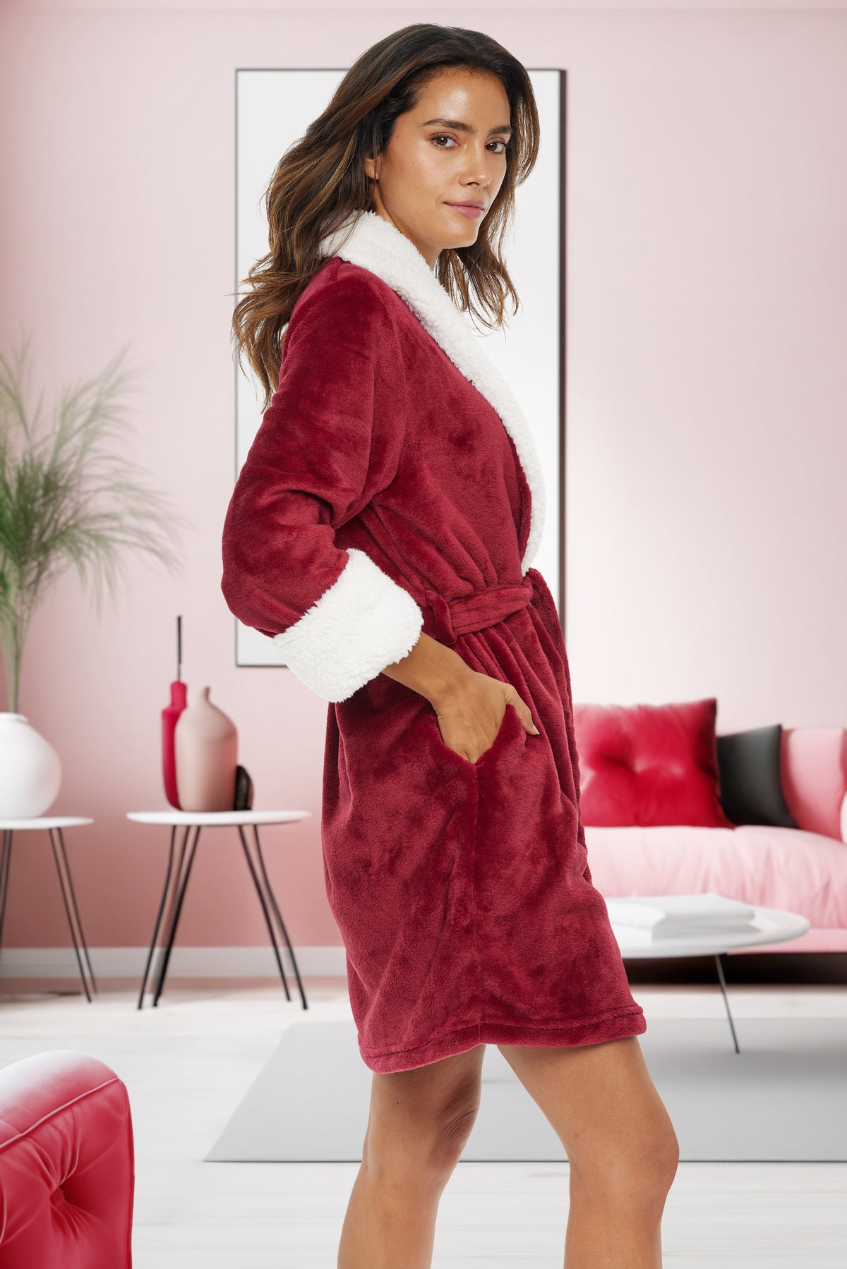 Women's Burgundy Classic Plush Robe, Short Fleece Bathrobe Solids