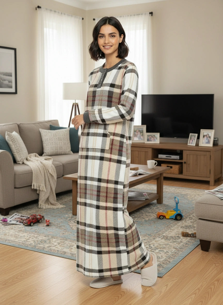 Women's Designer Plaid Warm Fleece Long Nightgown, Long Kaftan with Pockets for Winter
