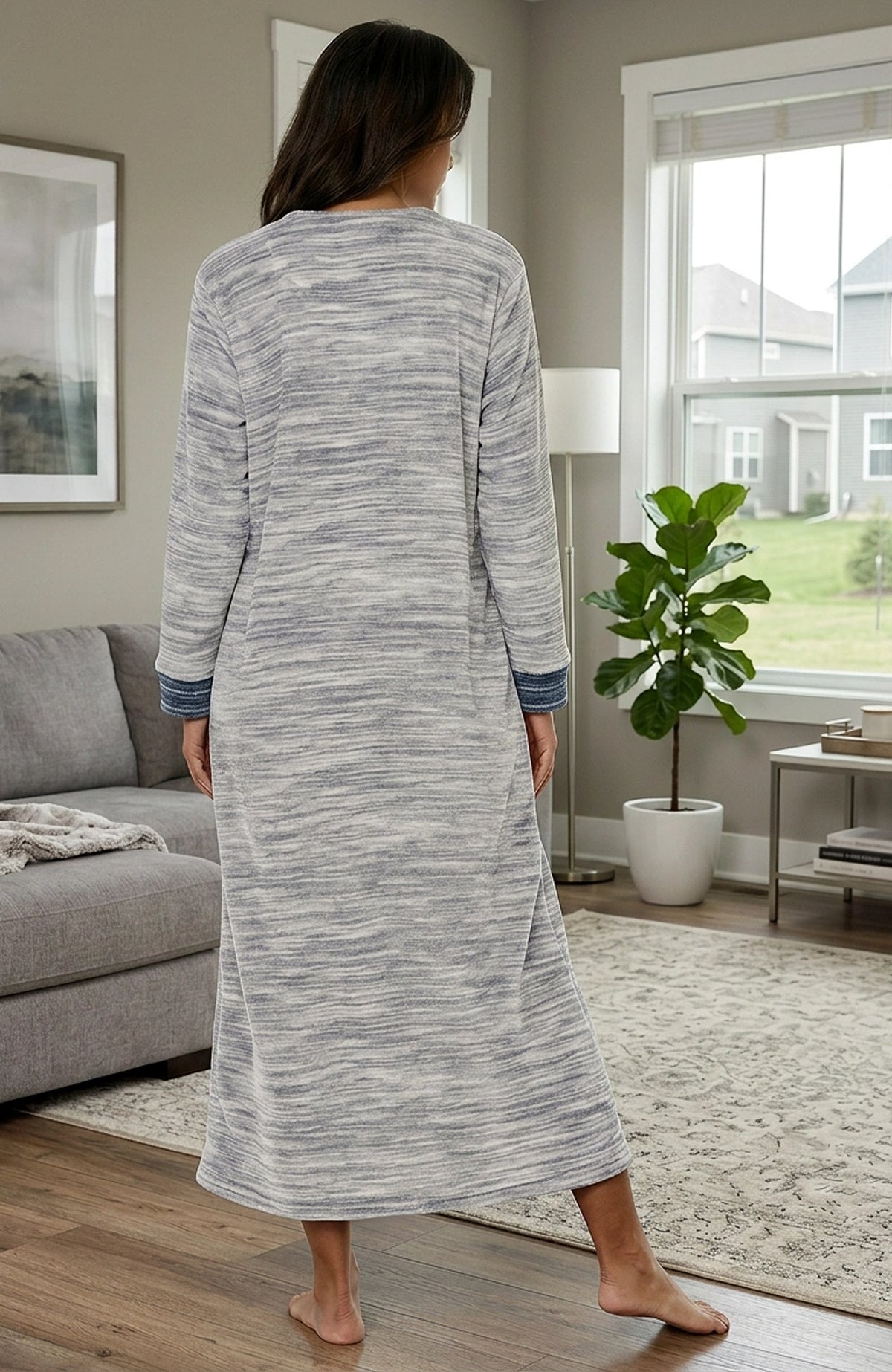Women's Light Heathered Gray Warm Fleece Long Nightgown, Long Kaftan with Pockets for Winter