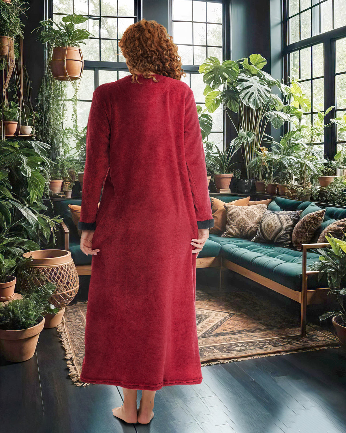 Women's Burgundy Warm Fleece Long Nightgown, Long Kaftan with Pockets for Winter