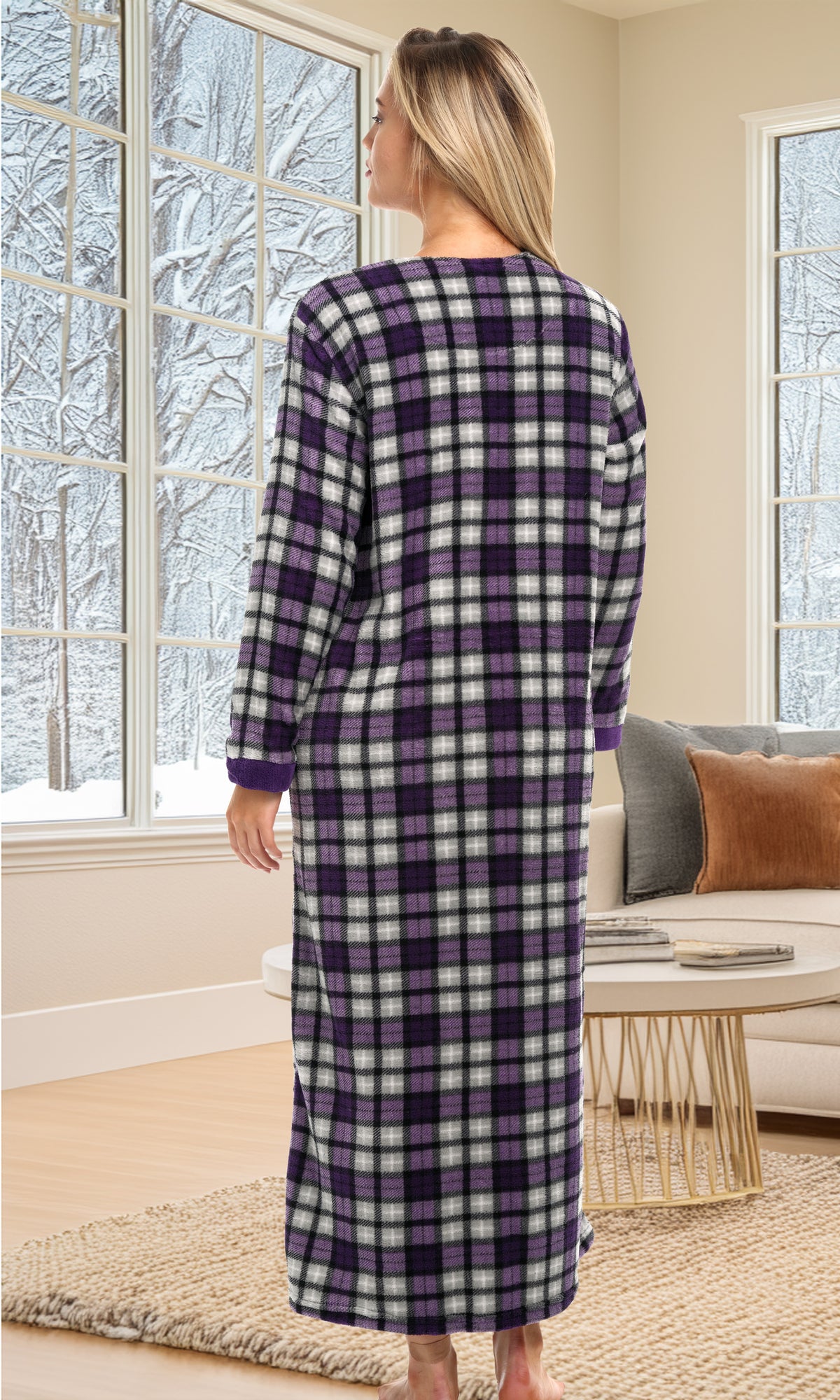 Women's Lavender Tartan Plaid Warm Fleece Long Nightgown, Long Kaftan with Pockets for Winter