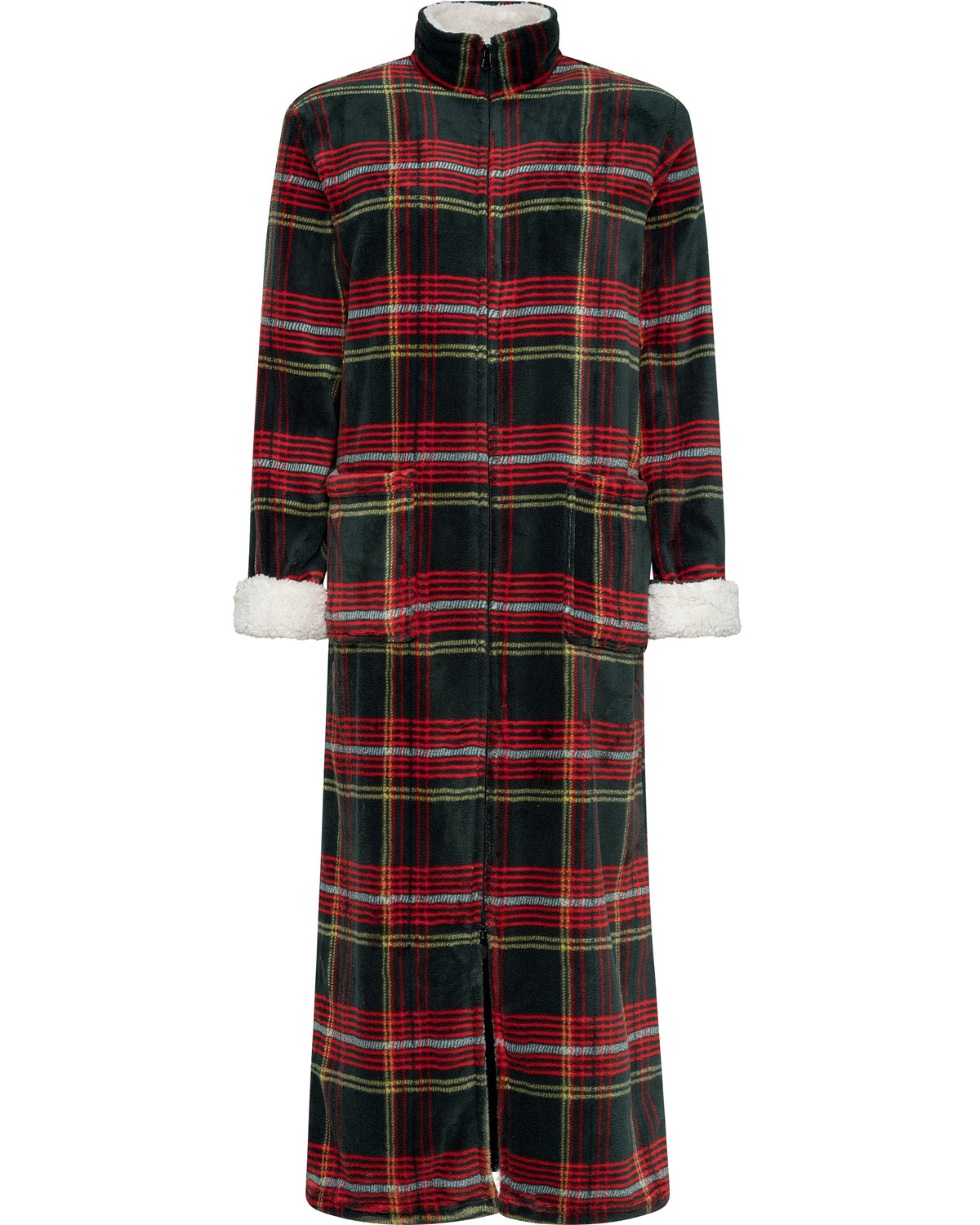 Women's Forest Tartan Plaid Zip Up Plush Robe, Oversized Bathrobe with Two Way Zipper