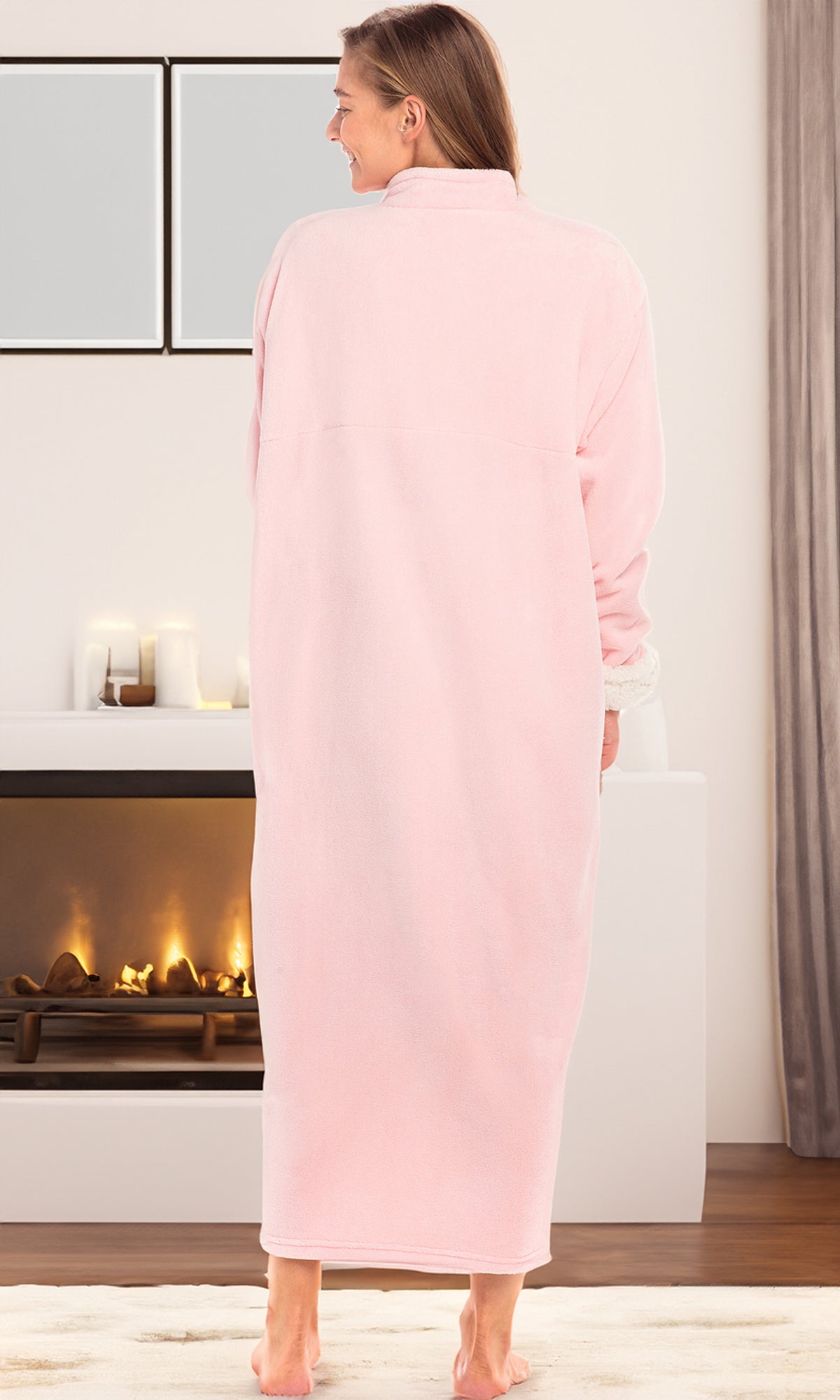 Women's Pink Rose Quartz with Cream Zip Up Plush Robe, Oversized Bathrobe with Two Way Zipper