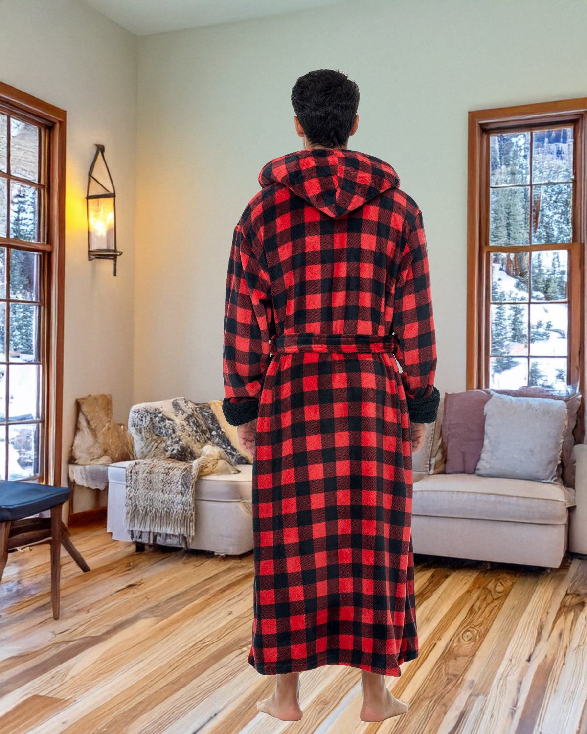Men's Red Black Buffalo Check Plaid Long Hooded Sherpa Robe, Hooded Big and Tall Plush Fleece Hoodie Bathrobe
