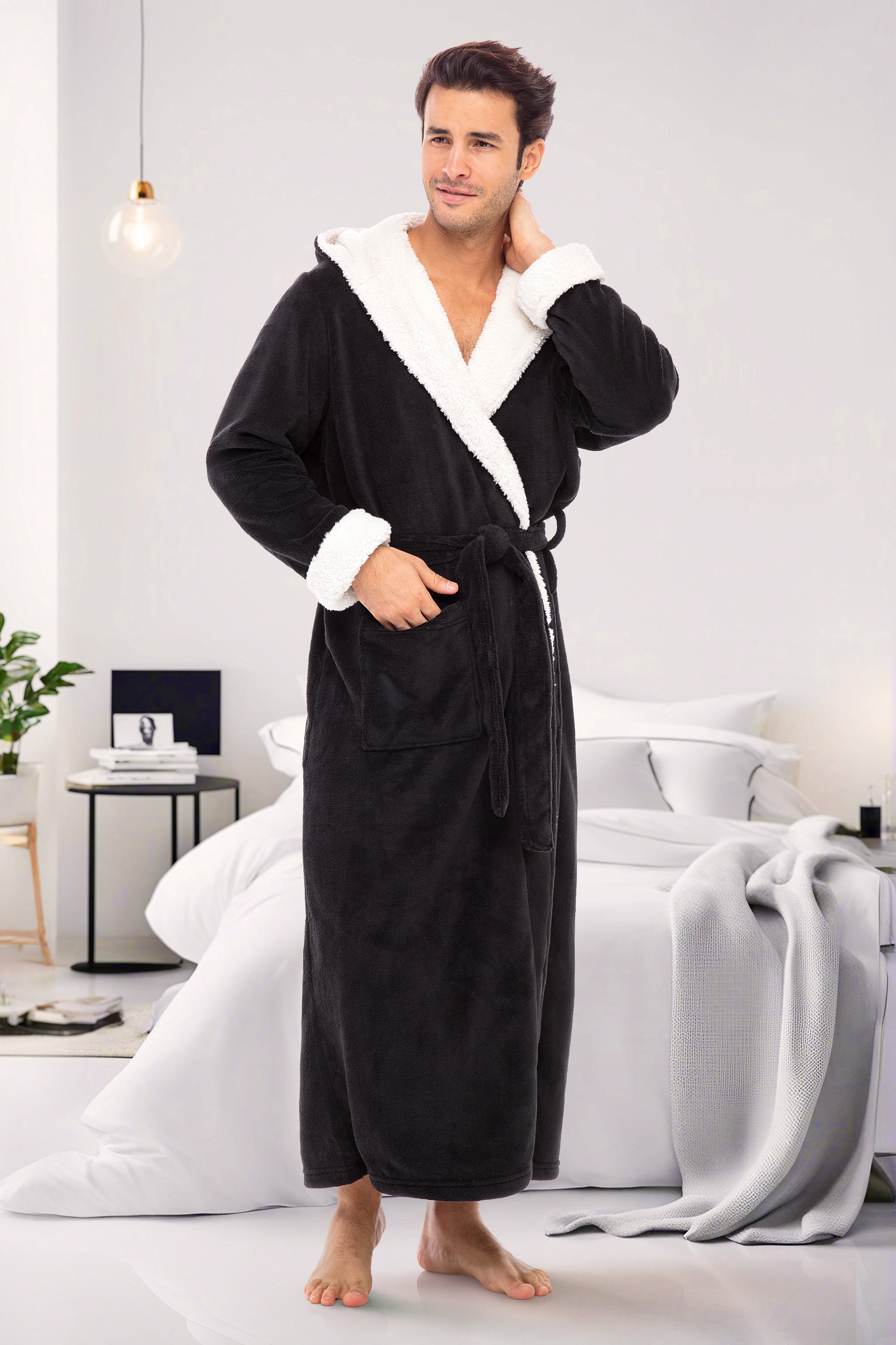 ADR Men's Warm Winter Plush Hooded Bathrobe, Full Length Fleece Robe ...