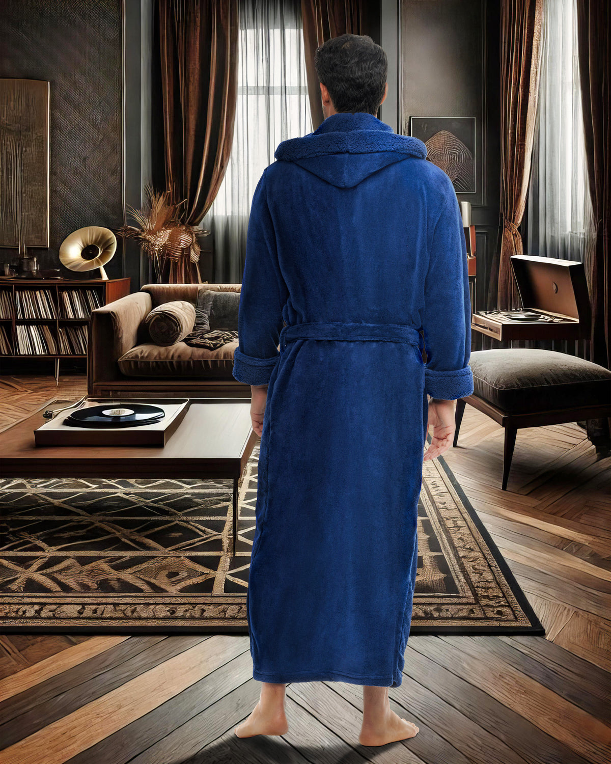 Men's Navy Blue Long Hooded Sherpa Robe, Hooded Big and Tall Plush Fleece Hoodie Bathrobe