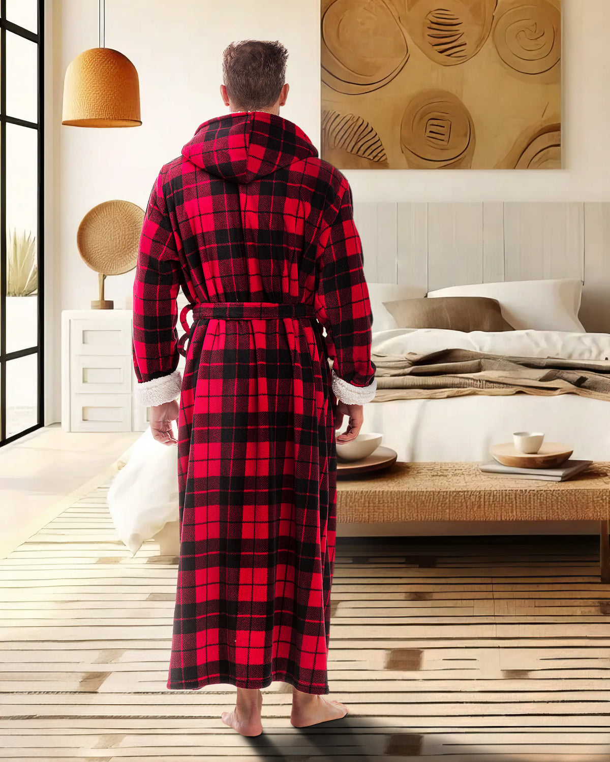 Men's Red Black Plaid with Cream Long Hooded Sherpa Robe, Hooded Big and Tall Plush Fleece Hoodie Bathrobe
