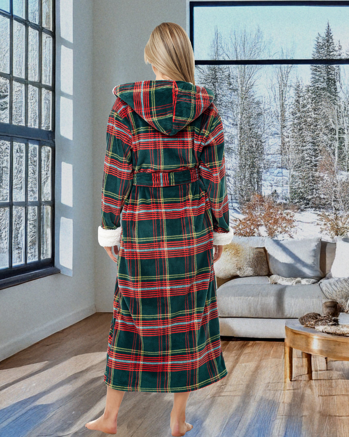 Women's Forest Tartan Plaid Warm Fleece Sherpa Robe with Hood, Long Plush Hoodie Sherpa Bathrobe