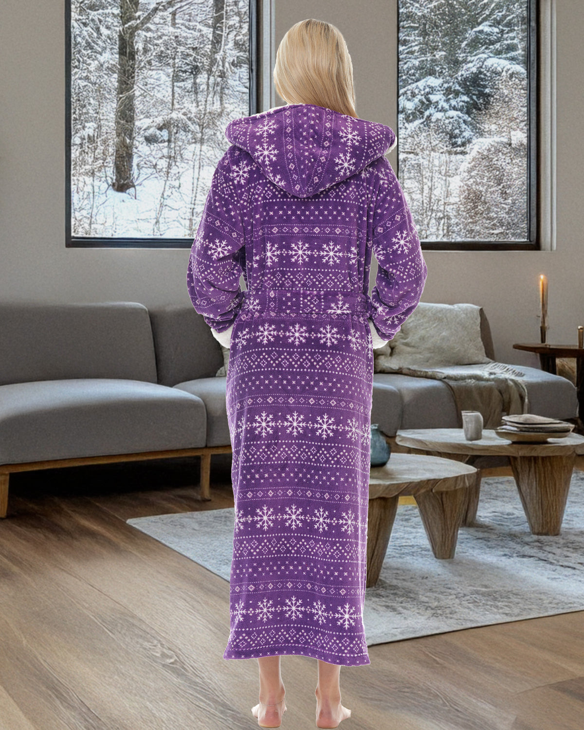Women's Snowflake Fair Isle Purple Warm Fleece Sherpa Robe with Hood, Long Plush Hoodie Sherpa Bathrobe