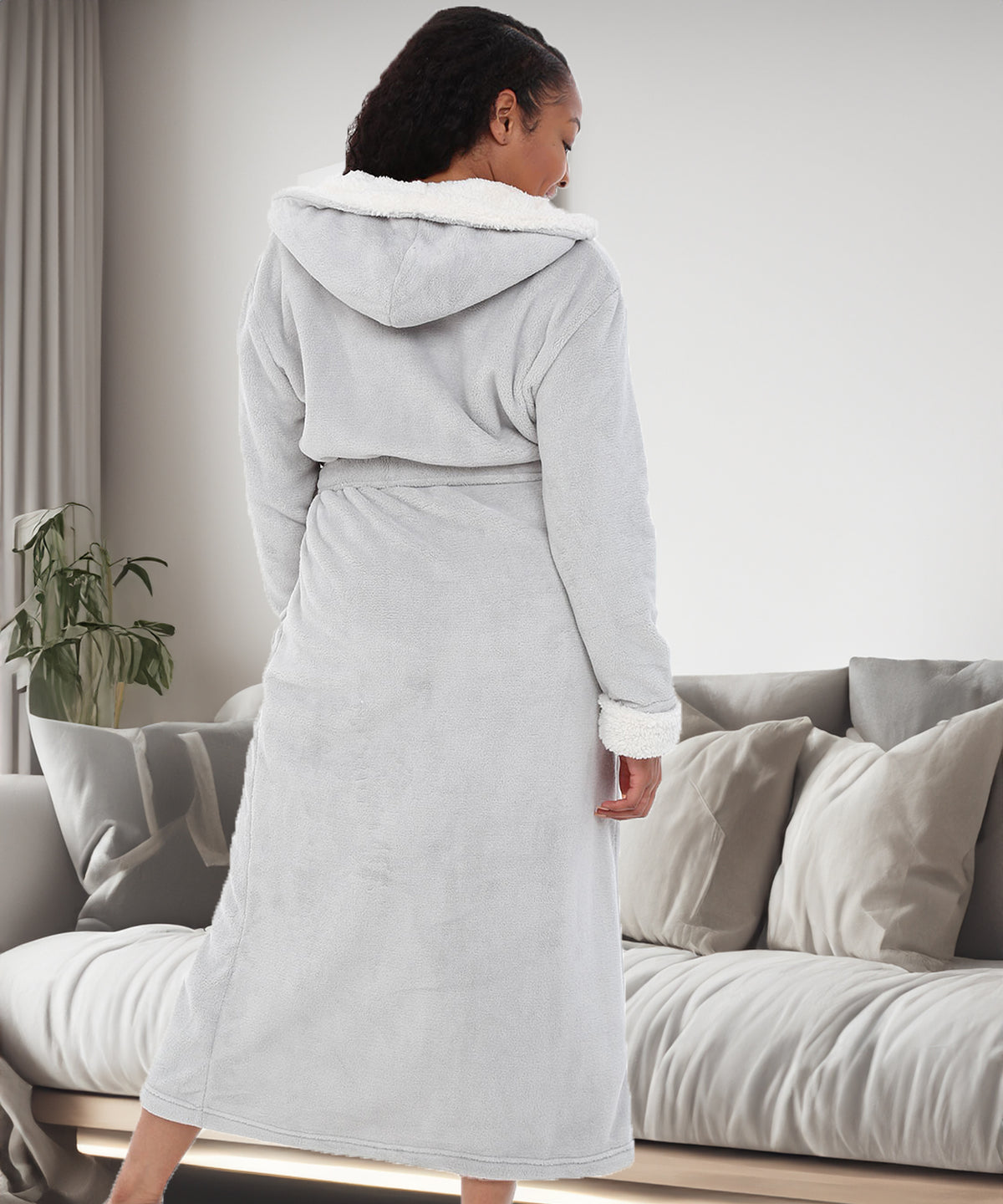 Women's Light Gray Warm Fleece Sherpa Robe with Hood, Long Plush Hoodie Sherpa Bathrobe