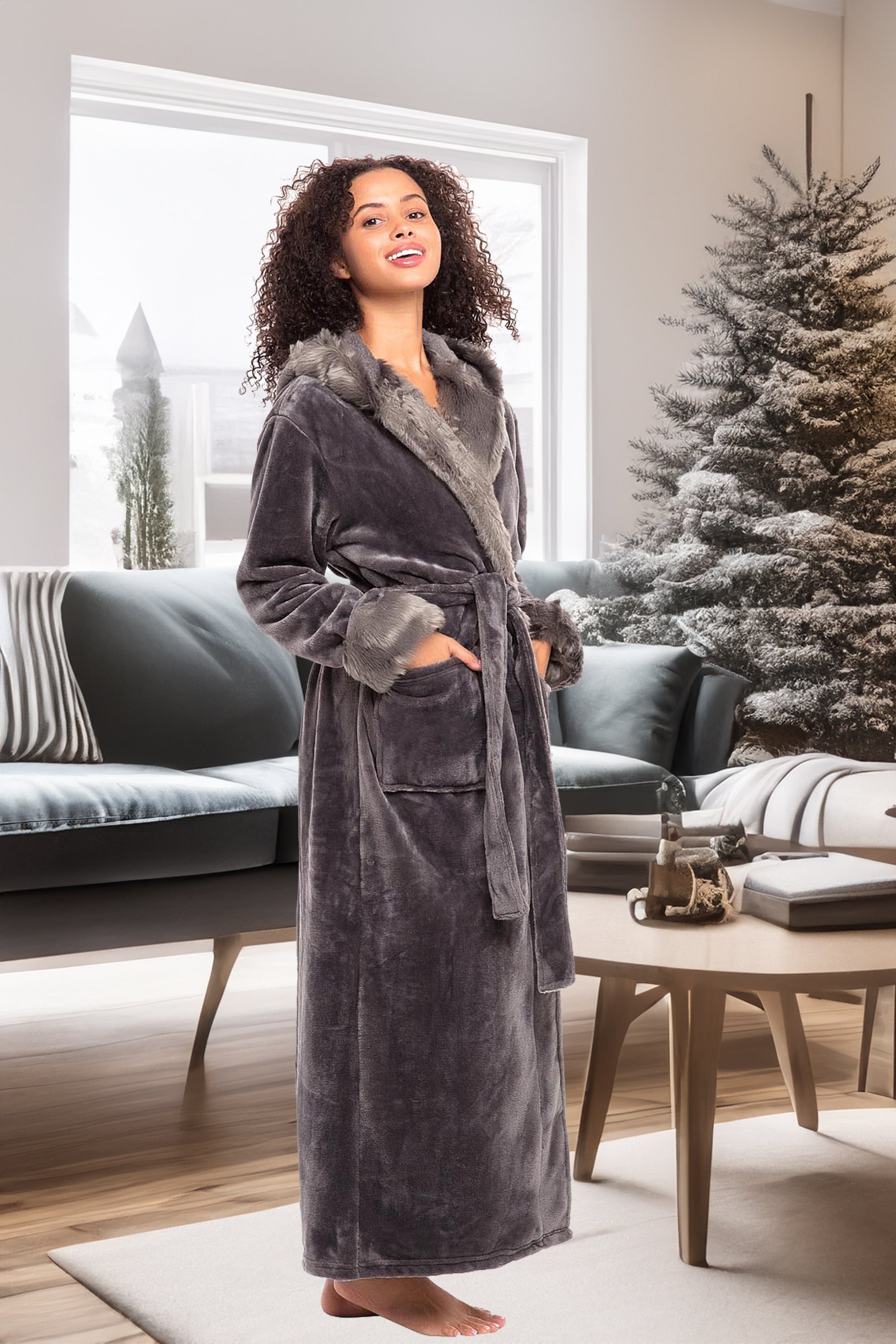 ADR Women's Faux Fur Feather Hooded Robe, Soft Plush Fleece