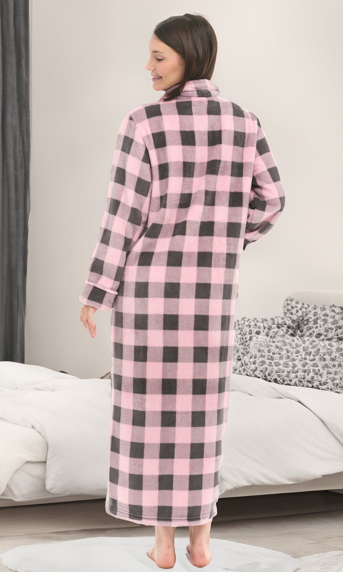 Women's Buffalo Check Pink Gray Plaid Zip Up Plush Robe, Oversized Bathrobe with Two Way Zipper