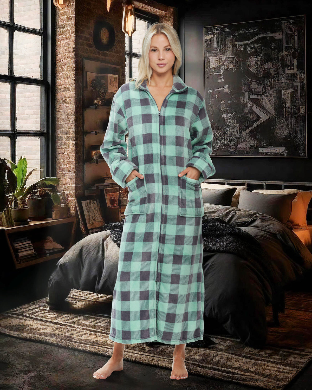 Women's Buffalo Check Sage Gray Plaid Zip Up Plush Robe, Oversized Bathrobe with Two Way Zipper