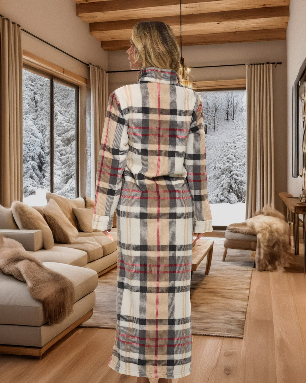 Women's Designer Plaid with Cream Zip Up Plush Robe, Oversized Bathrobe with Two Way Zipper