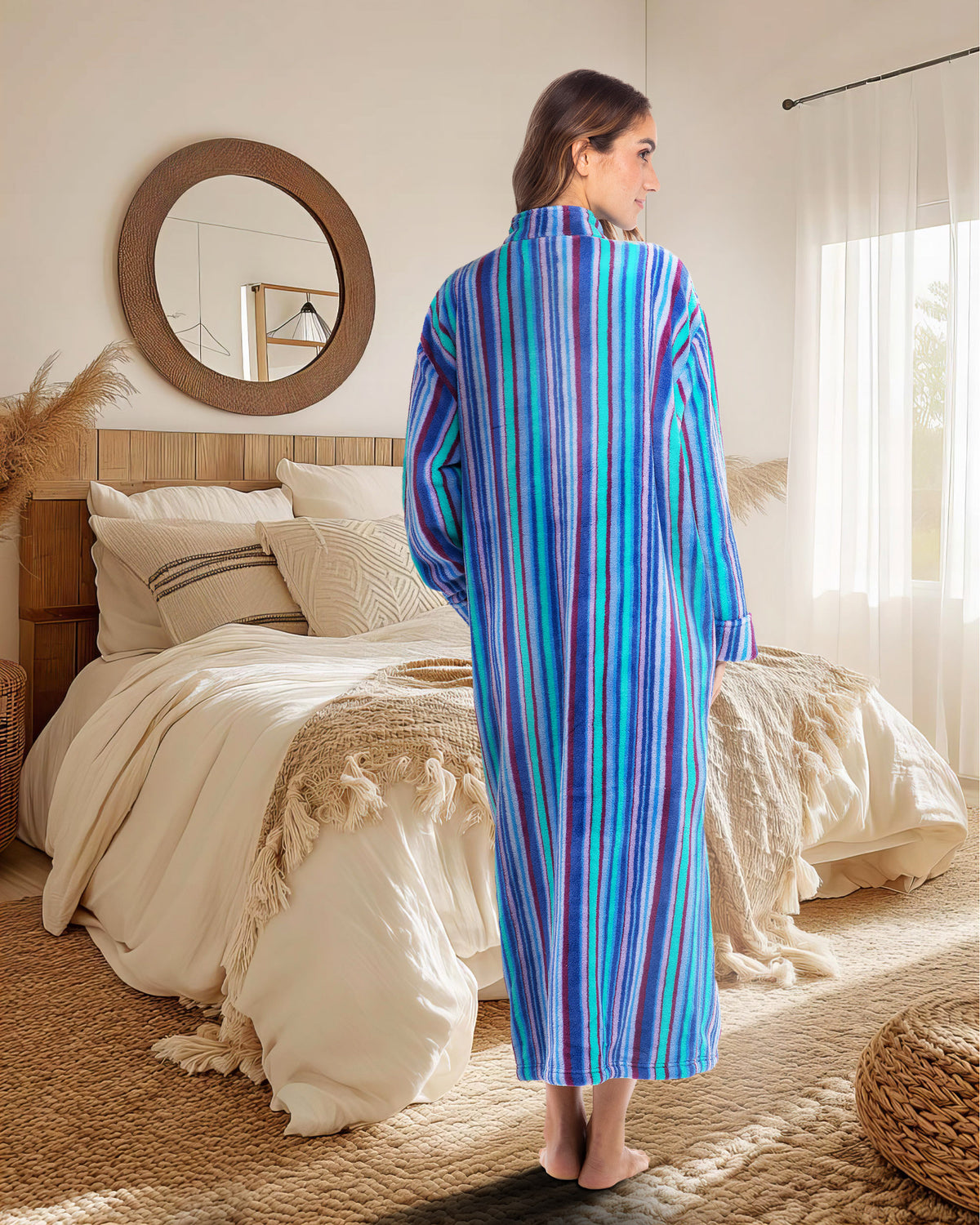 Women's The Blues Striped Zip Up Plush Robe, Oversized Bathrobe with Two Way Zipper