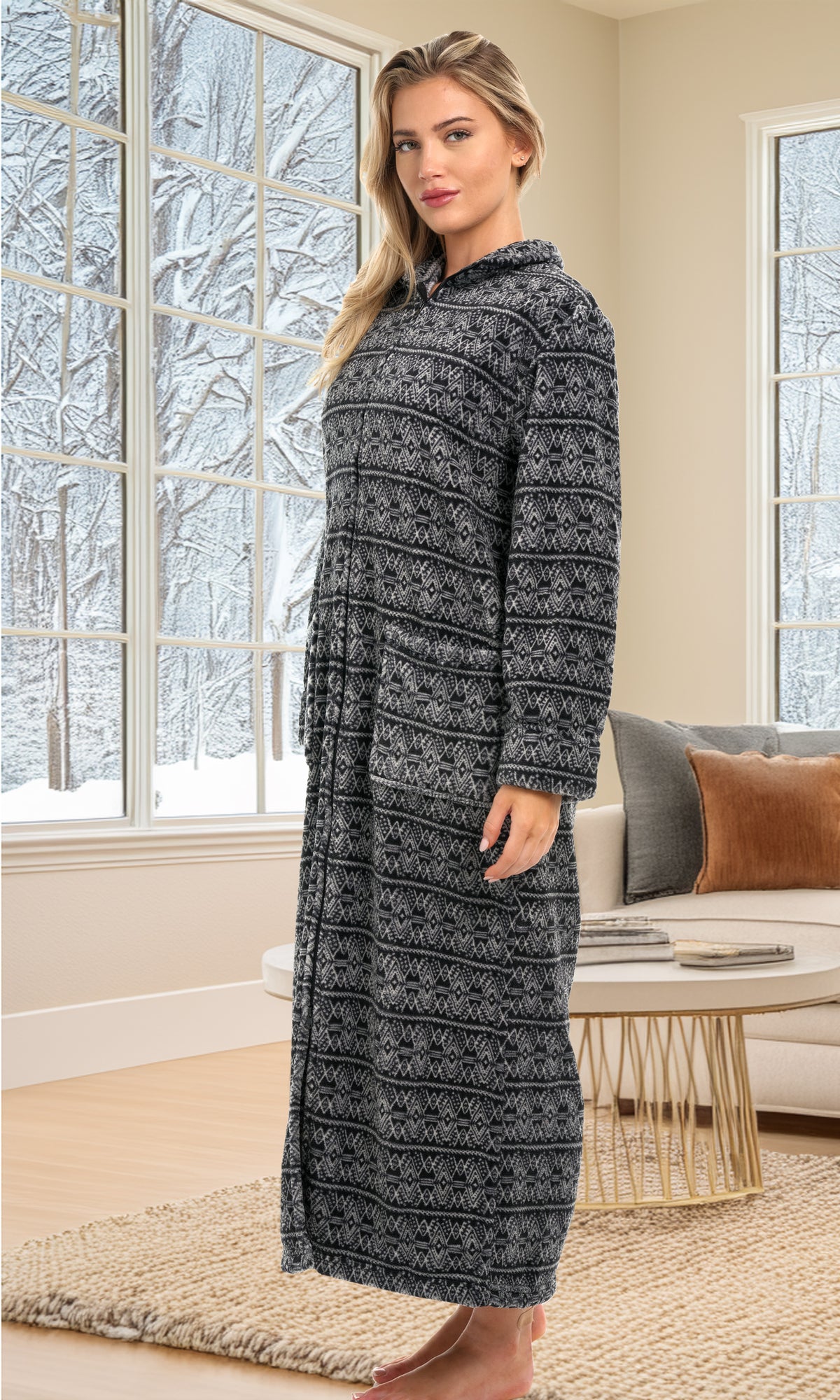 Women's Moroccan Pattern Zip Up Plush Robe, Oversized Bathrobe with Two Way Zipper