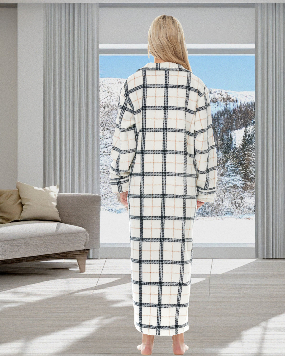 Women's Classic Neutral Plaid Zip Up Plush Robe, Oversized Bathrobe with Two Way Zipper
