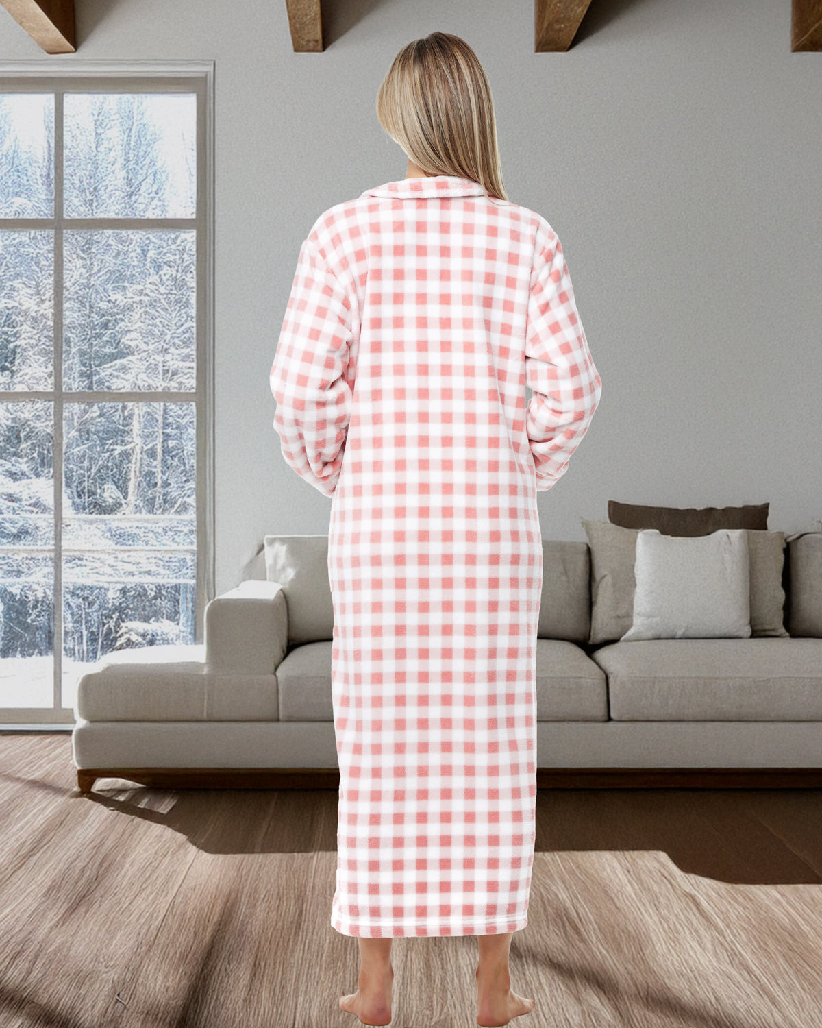 Women's Blush Gingham Check Zip Up Plush Robe, Oversized Bathrobe with Two Way Zipper