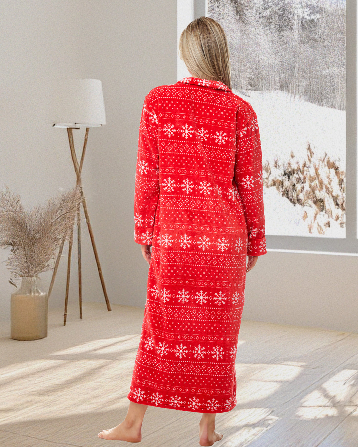 Women's Snowflake Fair Isle Red Zip Up Plush Robe, Oversized Bathrobe with Two Way Zipper