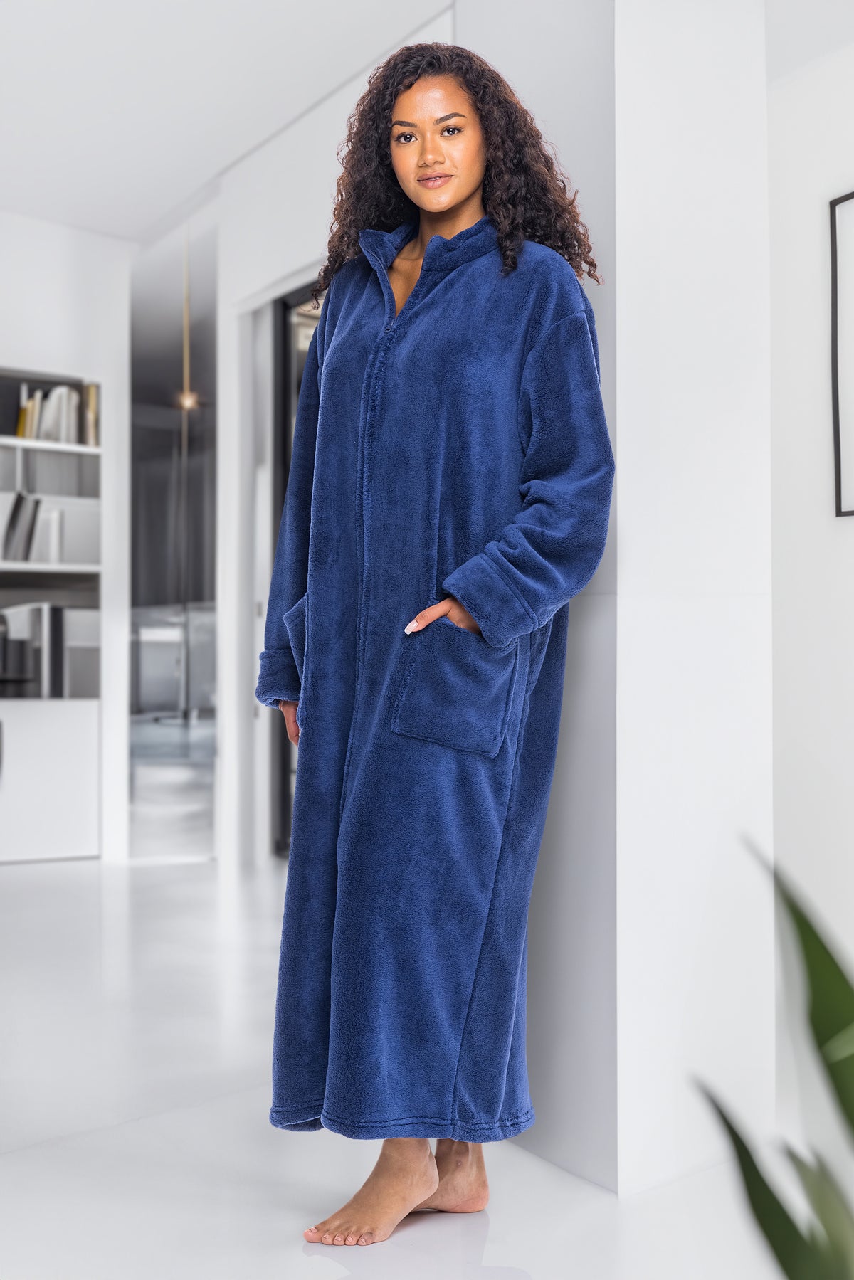 Women's Navy Blue Zip Up Plush Robe, Oversized Bathrobe with Two Way Zipper