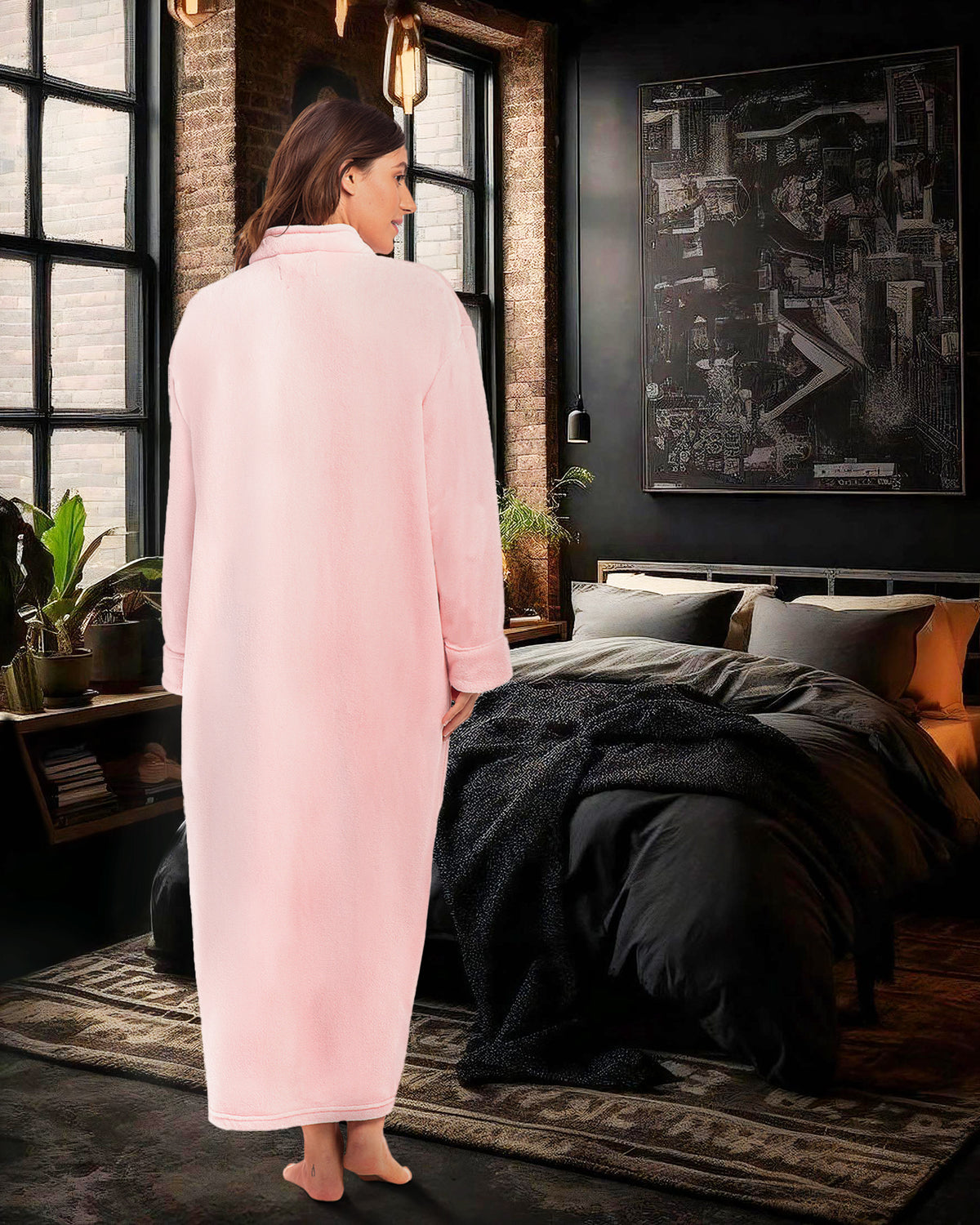 Women's Pink Rose Quartz with Sherpa Zip Up Plush Robe, Oversized Bathrobe with Two Way Zipper