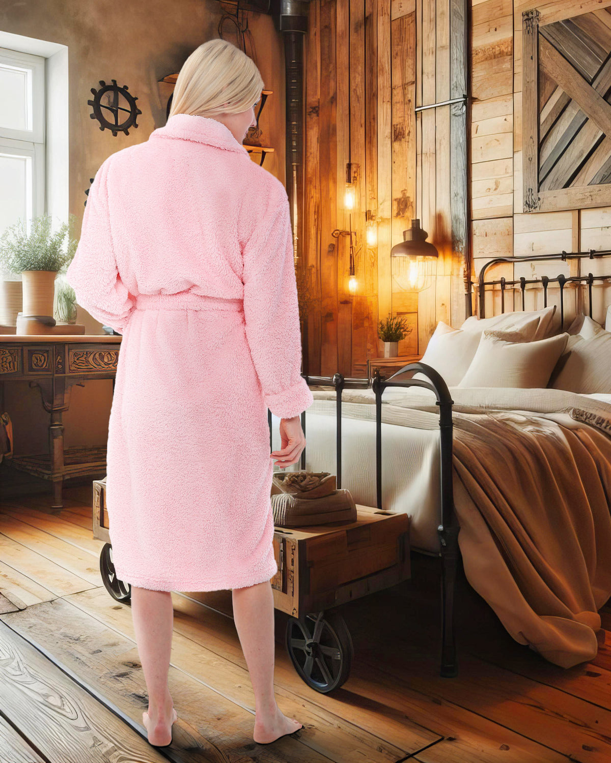 Women's Pink Rose Quartz Plush Fleece Robe, Shaggy Feather Bathrobe