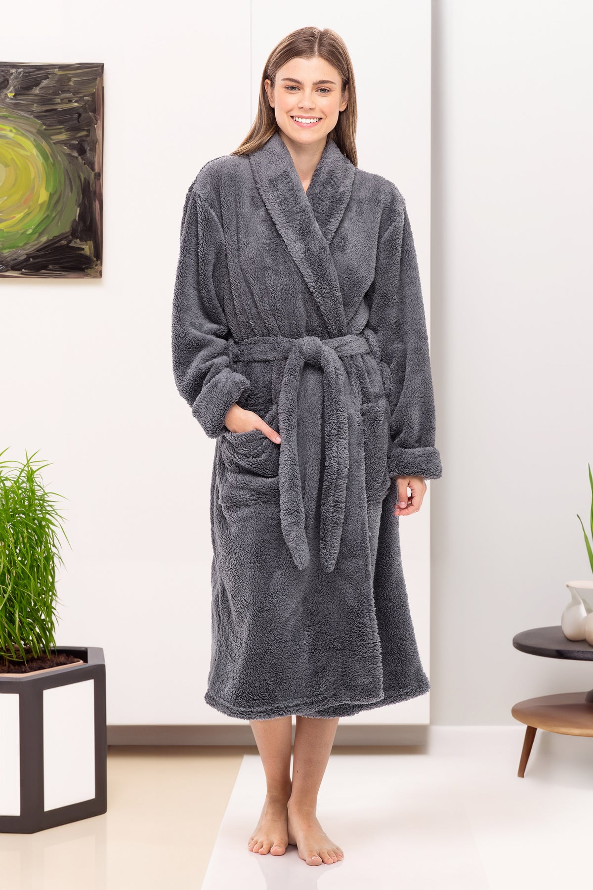 Women's Steel Gray Plush Fleece Robe, Shaggy Feather Bathrobe