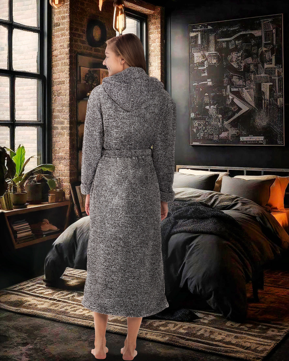 Women's Dark Heathered Gray Plush Fleece Hooded Robe, Shaggy Feather Long Bathrobe
