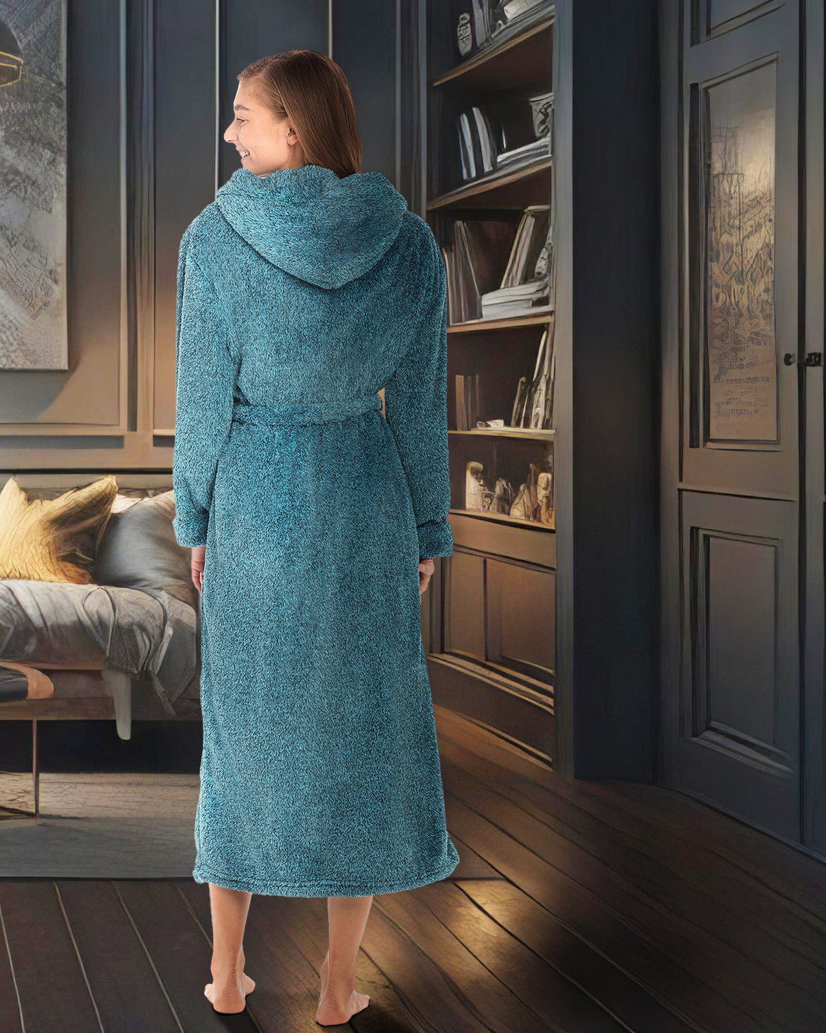Women's Heathered Teal Plush Fleece Hooded Robe, Shaggy Feather Long Bathrobe