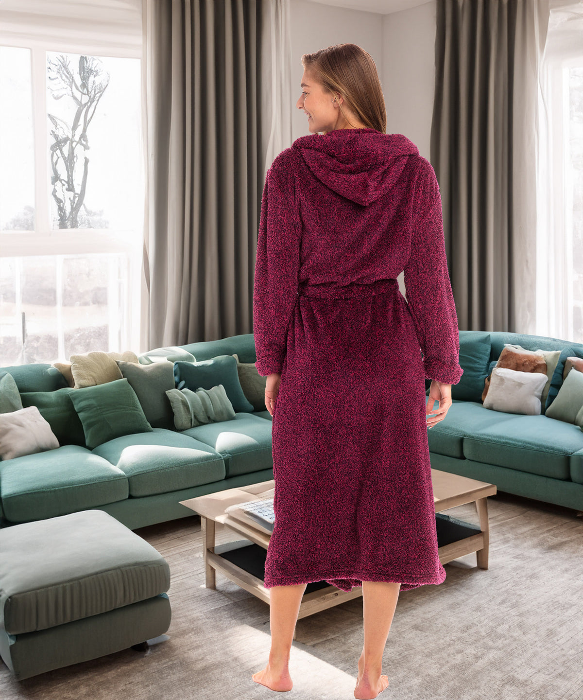 Women's Heathered Burgundy Plush Fleece Hooded Robe, Shaggy Feather Long Bathrobe