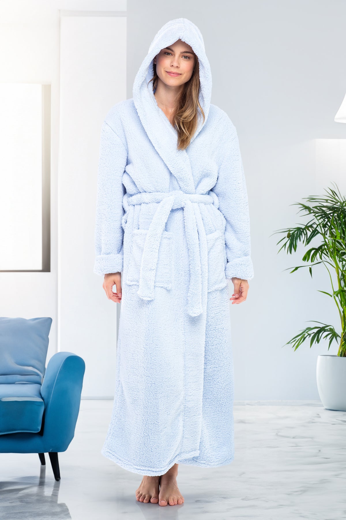 Women's Light Blue Plush Fleece Hooded Robe, Shaggy Feather Long Bathrobe