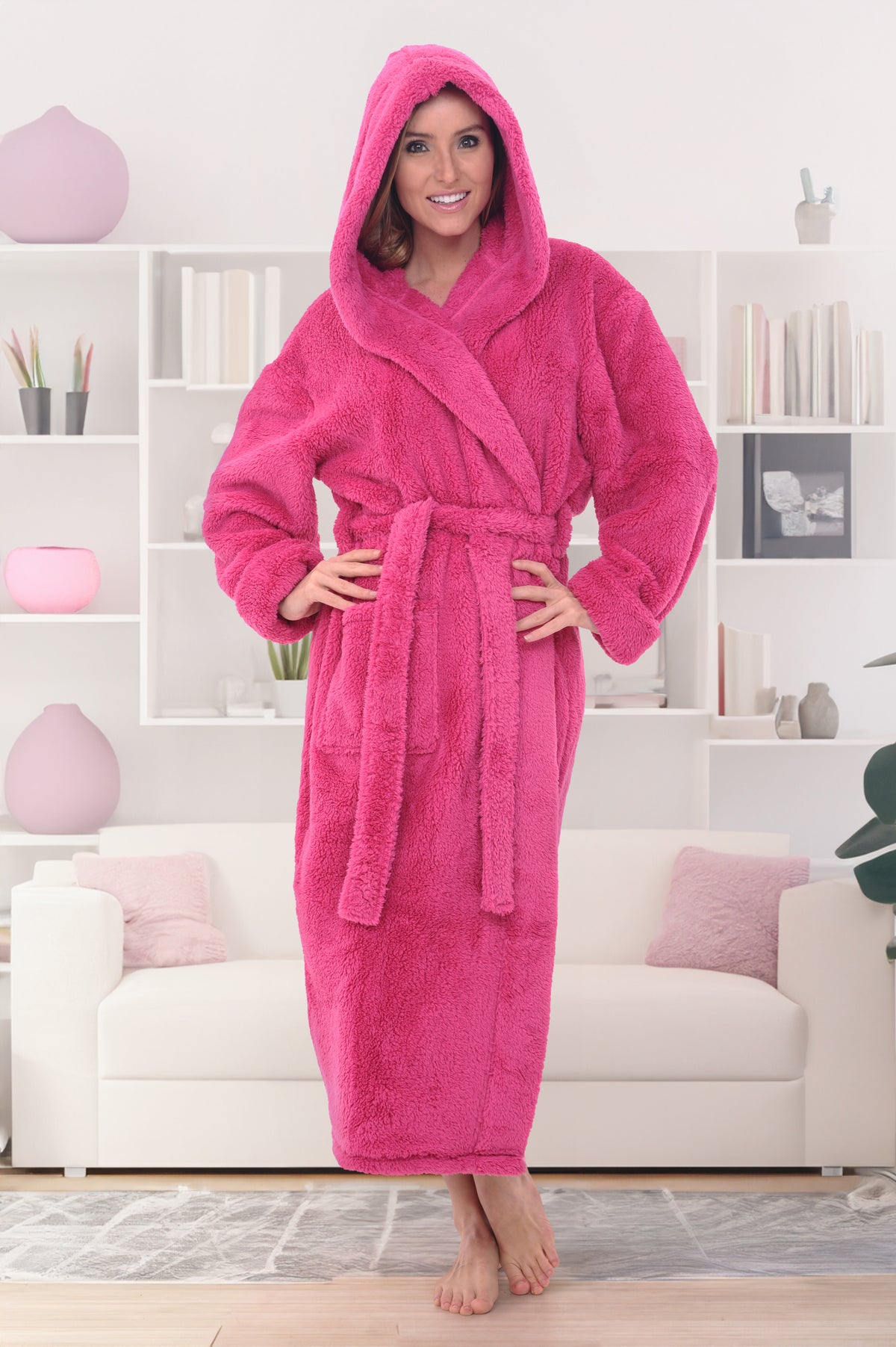 Women's Magenta Pink Plush Fleece Hooded Robe, Shaggy Feather Long Bathrobe